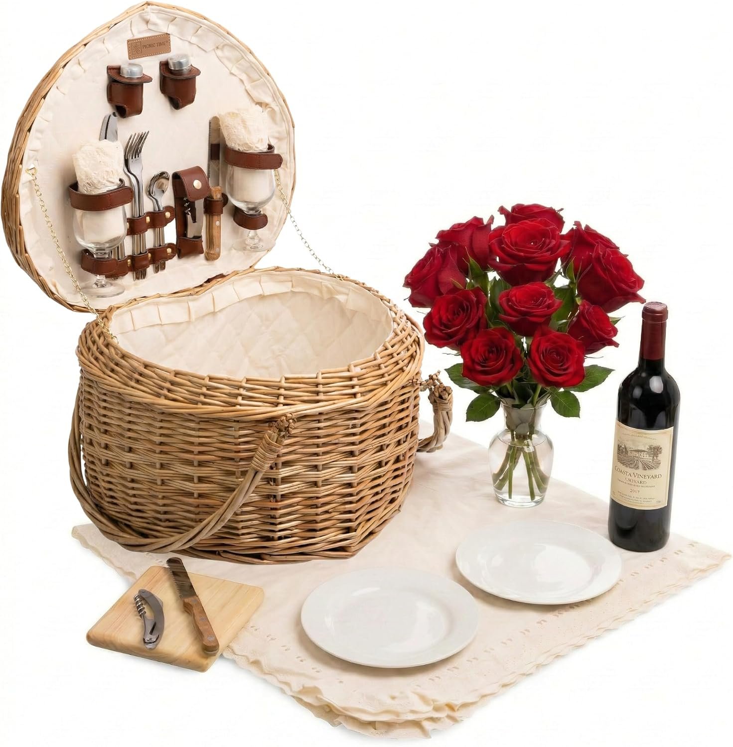PICNIC TIME Heart Picnic Basket for 2, Wicker Basket with Handle, Complete Deluxe Service for Two, Handwoven and Sturdy Willow Constructed with Fully-lined interior and Accessories, (Antique White)
