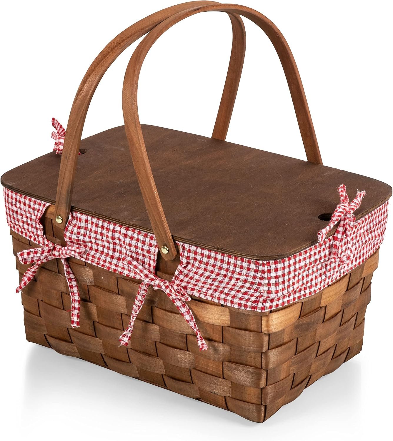 PICNIC TIME Kansas Handwoven Wood Picnic Basket, Sturdy Woven Wicker Basket with Tabletop Lid and Removable and Washable Polycotton Vintage-Style Liner, (Red & White Gingham Pattern)