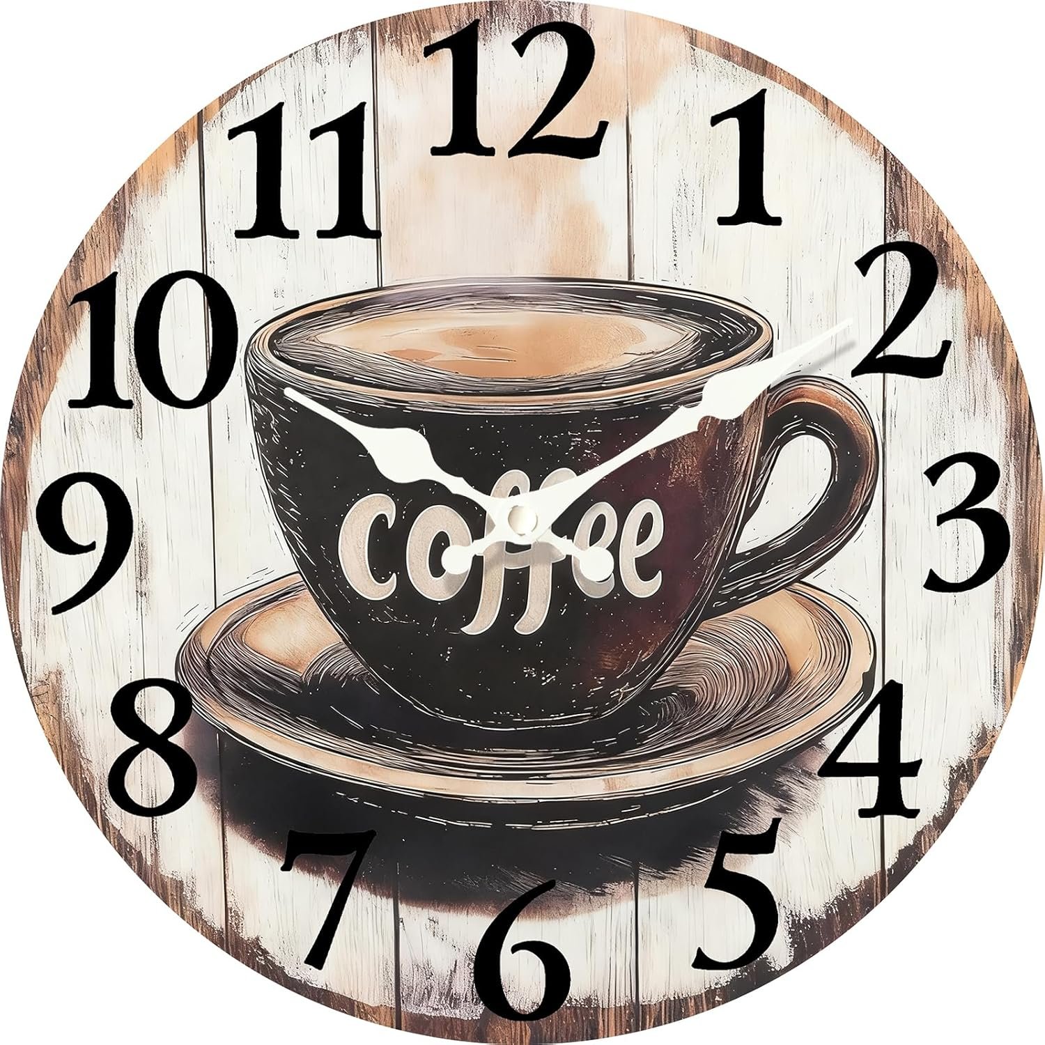 Coffee Cup 8 Inch Small Wooden Wall Clock – Silent Non-Ticking Battery Operated Decorative Clock for Kitchen, Home, Bedroom, and Office