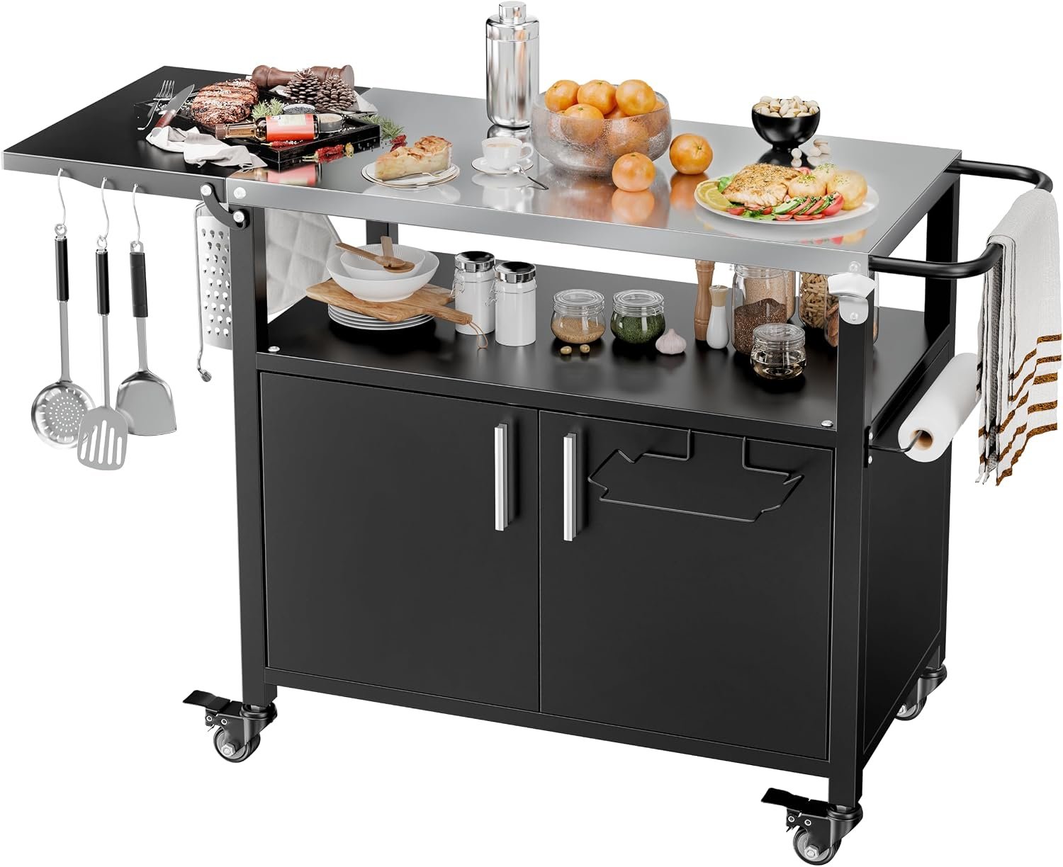JY QAQA Outdoor Grill Cart with Storage,Patio Kitchen Island Outdoor Grill Table with Wheels,BBQ Cart Movable Pizza Oven Table Stand, Storage Cabinet, Foldable Tabletop, (Black)