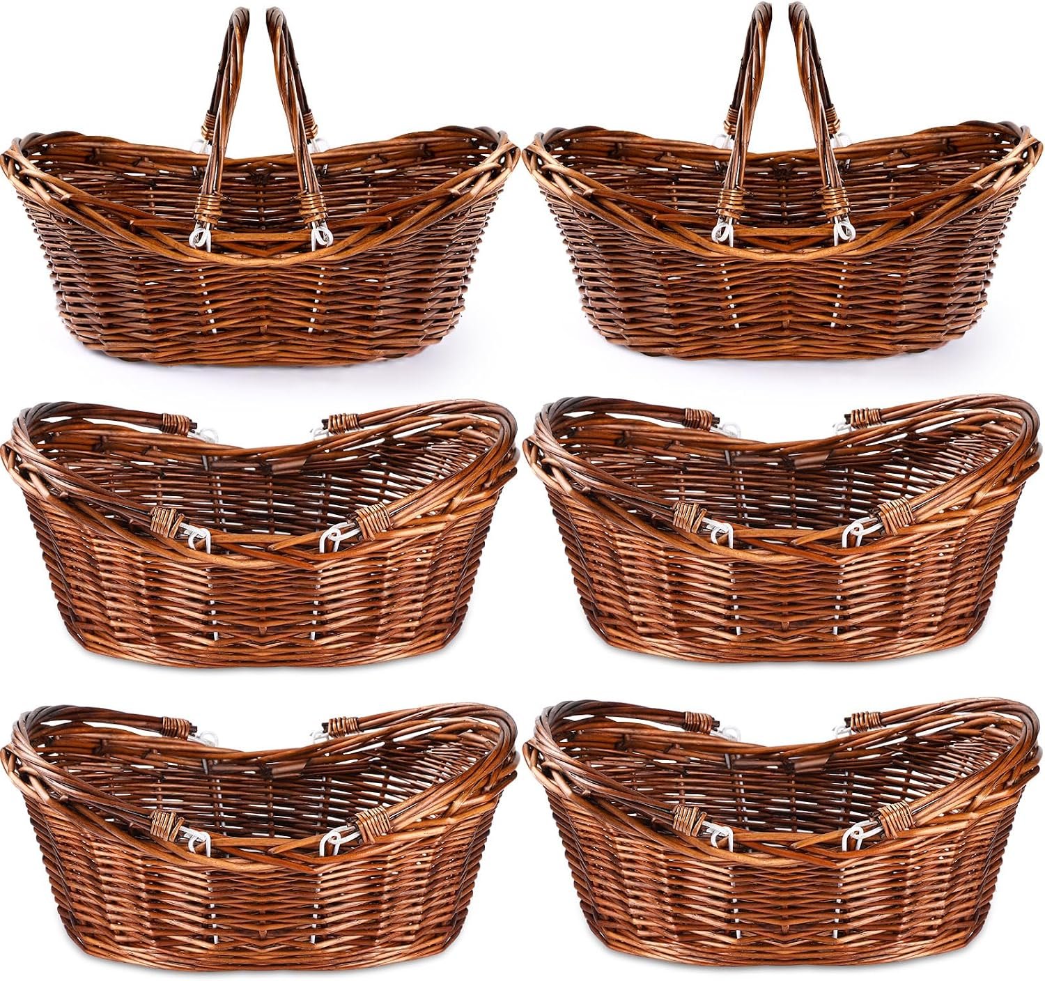 Wesiti 6 Pcs Wicker Picnic Basket with Handle, Hand Woven Harvest Basket Bulk, Wicker Flower Hoppet for Storage, Picnics, Easter, Organizing, Egg Gathering, Candy, Wedding(Dark Brown)