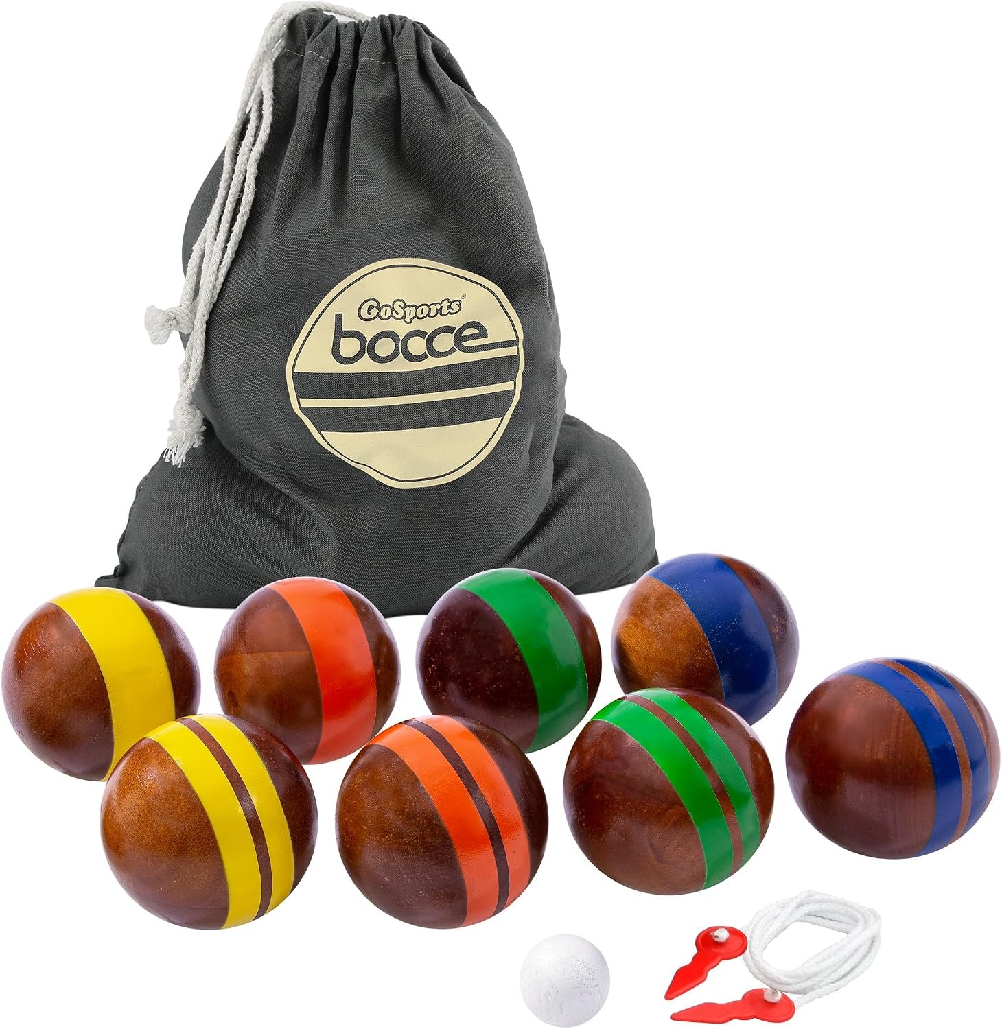 GoSports 100 mm Hardwood Bocce Set with 8 Premium 12 oz Wood Balls, Pallino, Case and Measuring Rope