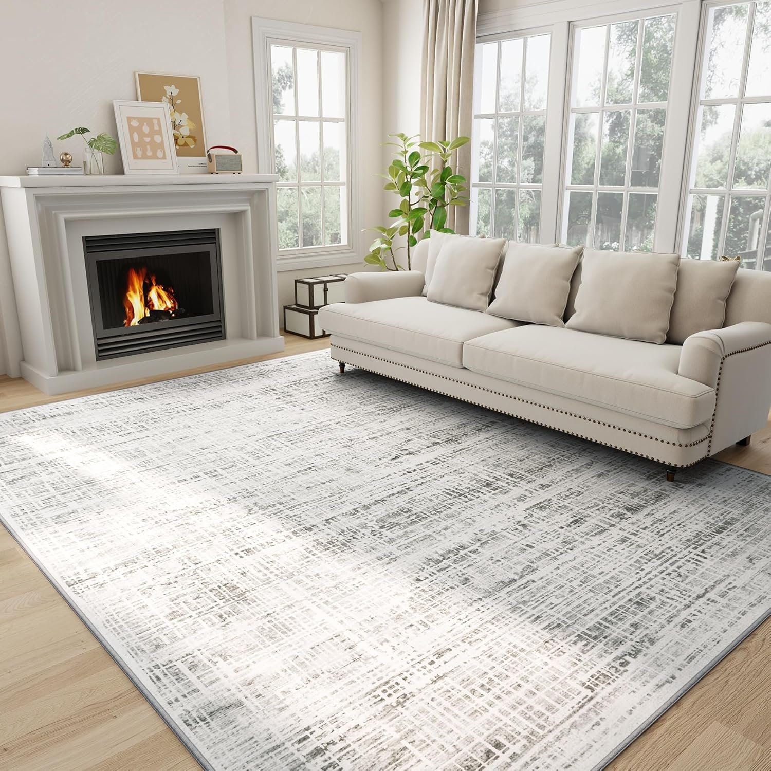 8×10 Washable Area Rug for Living Room Bedroom: Non-Slip Modern White Gray | Machine Washable TPR Backing, Stain-Resistant Low Pile, Pet & Kid Friendly, Abstract Decor for Dining Room, Dorm, Home Office