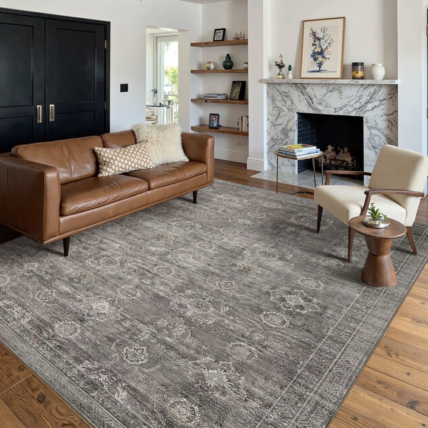 Rugxara Area Rugs 5×7 Washable Rug for Living Room Bedroom Dorm, Taupe/Grey | Non Slip, Rug for Dining Kids Room Office Farmhouse, Stain Resistant, Soft, Vintage Boho Retro Carpet, Low Pile, Home Decor