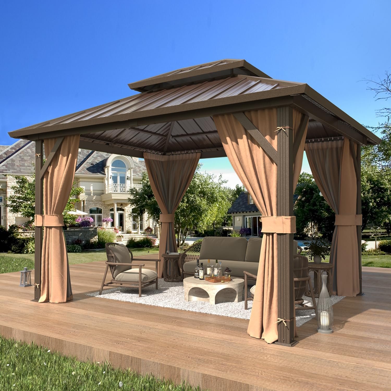 EROMMY 10′ x 12′ Hardtop Gazebo, Aluminum Frame Gazebos with Galvanized Steel Double Roof, Permanent Outdoor Metal Pavilion with Curtain and Netting for Patio, Lawn, Deck