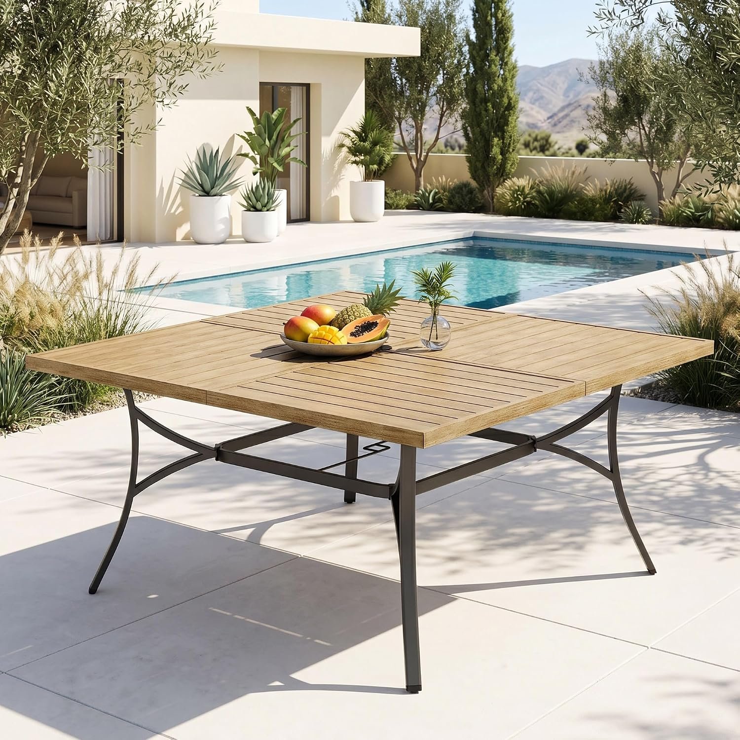 PHI VILLA Square Outdoor Table for 8, Brown Metal Table w/Umbrella Hole | 57.5″ large wrought iron table. Slatted top design, weather resistant. Perfect for patio, deck, porch, backyard
