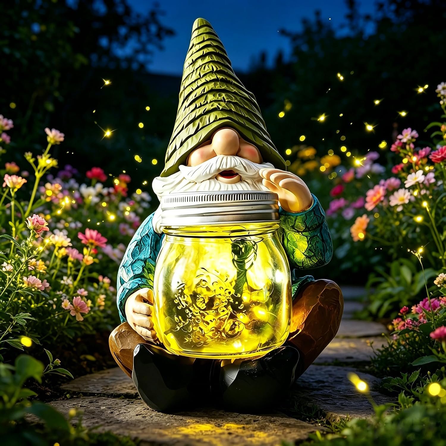 VOOKRY Solar Garden Gnome Statues, Outdoor Gnome with Firefly Solar Lights Waterproof, Birthday Gifts for Mom Women Mother’s Day Christmas, Garden Figurines for Yard Decor Patio Porch Lawn Ornaments
