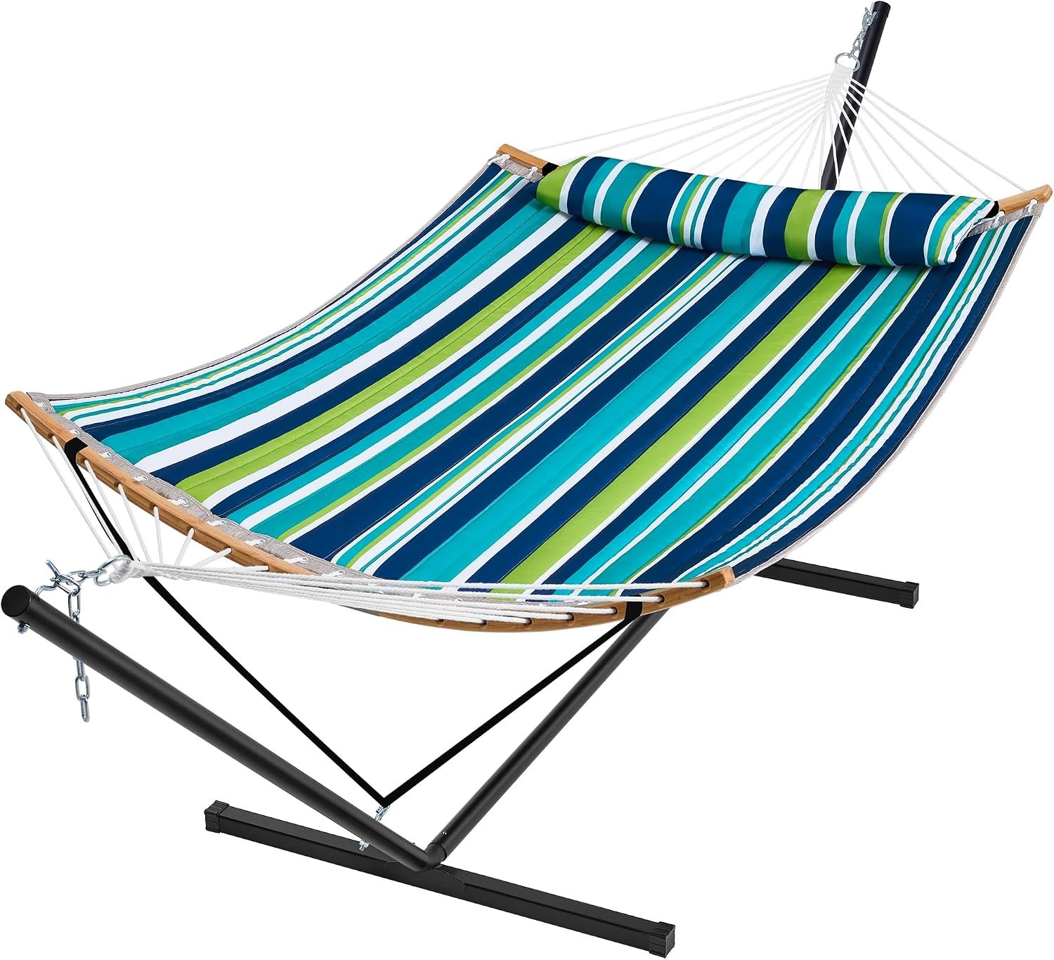 SUPERJARE Hammock with Stand, 2 Person Heavy Duty Hammock with Padded Cotton, Detachable Pillow & Strong Curved-Bar & Portable Carrying Bag, Perfect for Outdoor & Indoor – Dark Cyan