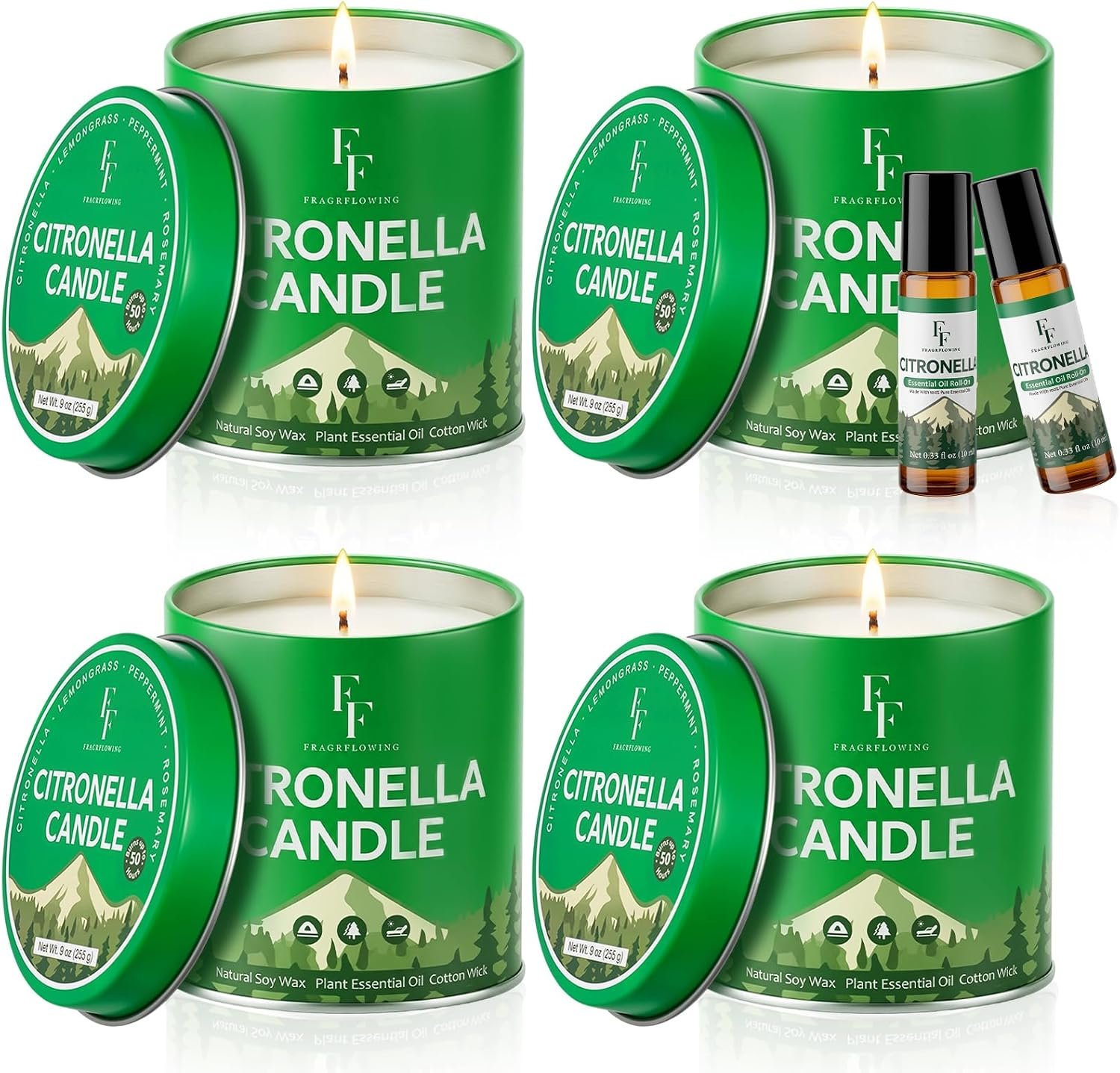 Citronella Candles Outdoor, Indoor Lemongrass Scented Candles with Citronella Essential Oil Roll On, Natural Soy Wax Jar Candle for Outside Camping Patio, 200-Hour Burn Time, 9 oz (4 Pack)