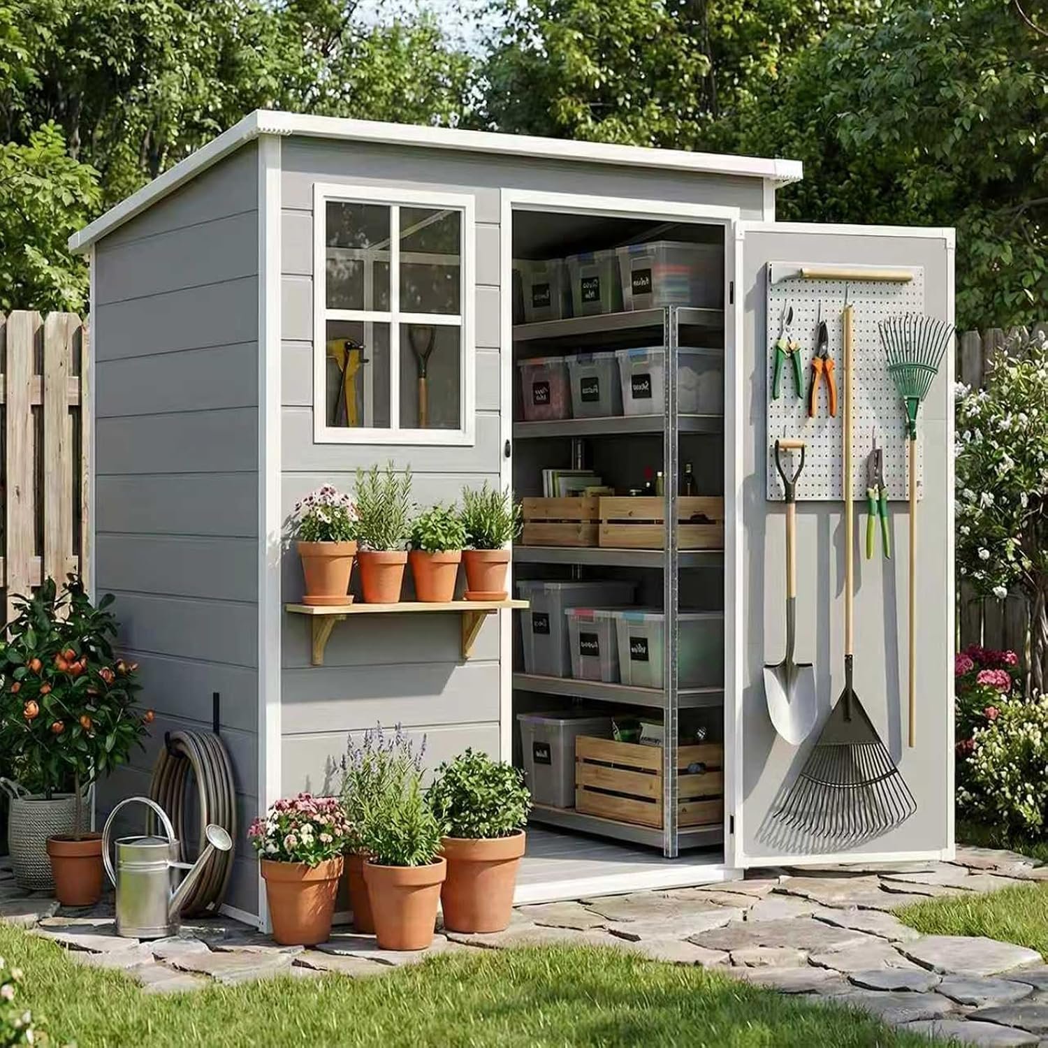 5×3 FT Outdoor Storage Shed with Floor & Window, All-Weather Resin Garden Tool Shed, Waterproof Plastic Garden Shed with Lockable Door, Vents & Roof Rainwater Drainage for Backyard, Garden, Poolside