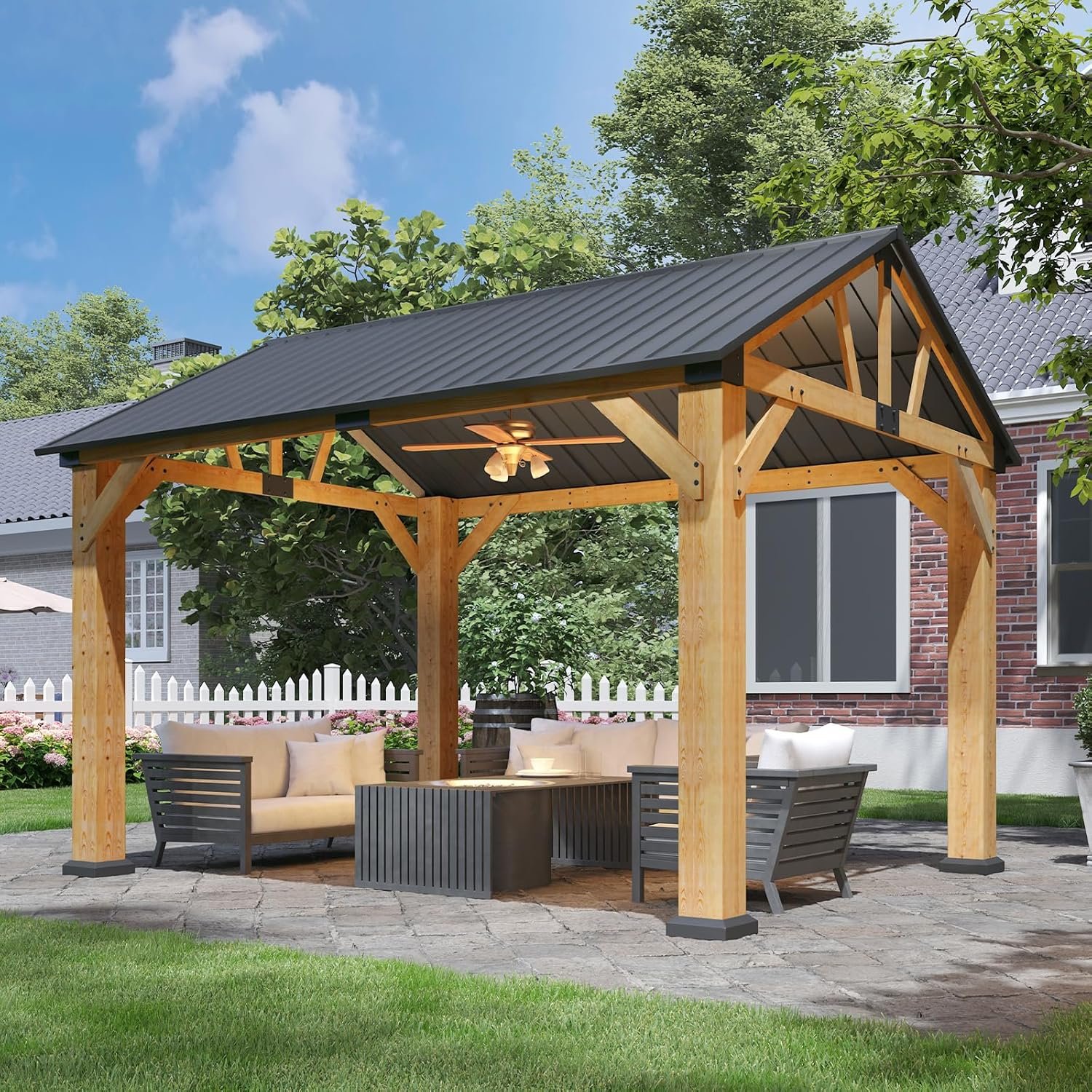 Aoxun 10′ x 12′ Outdoor Wood Gazebo, Hardtop Gazebo Permanent Wooden Pavilion with Gable Galvanized Steel Roof for Patio, Garden, Backyard, Natural