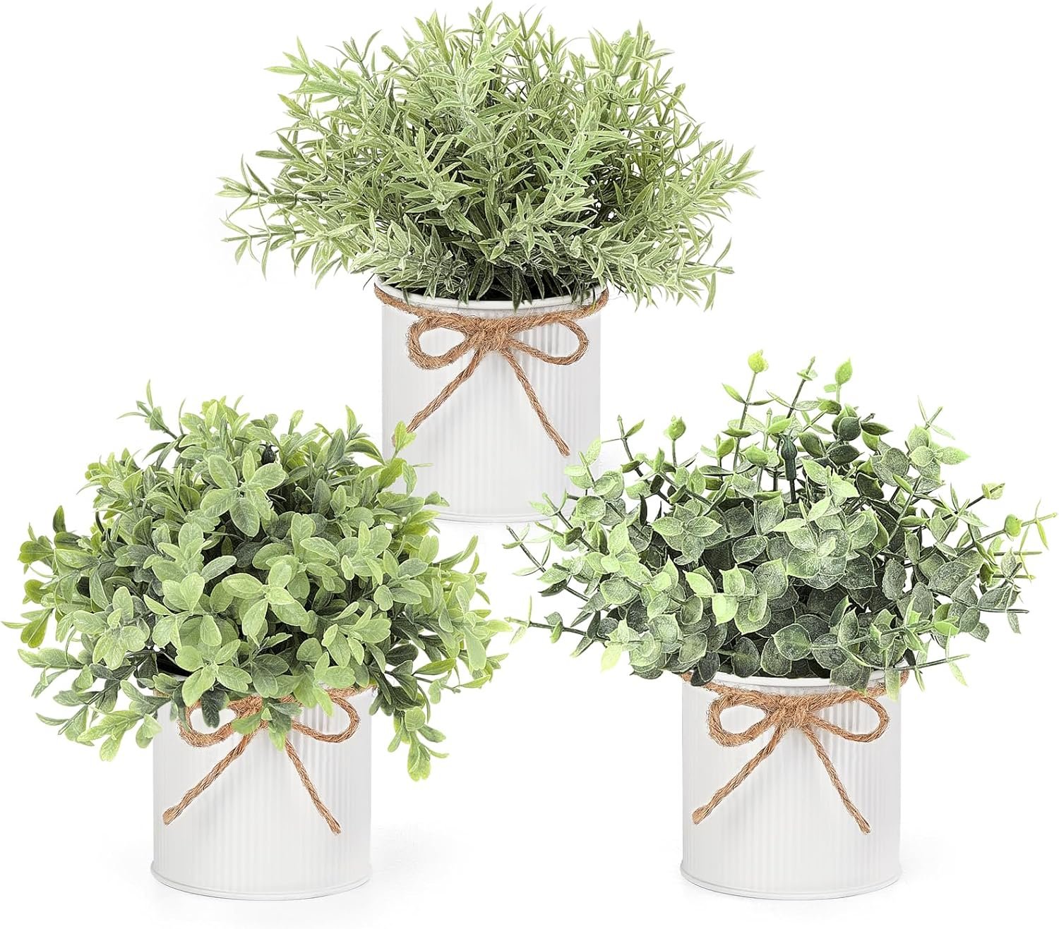 Mkono Fake Plants in Farmhouse Galvanized Metal Pots Table Centerpiece Rustic Home Decor, 3 Pack Potted Artificial Plants Faux Eucalyptus for Shelf Indoor Dining Room Office