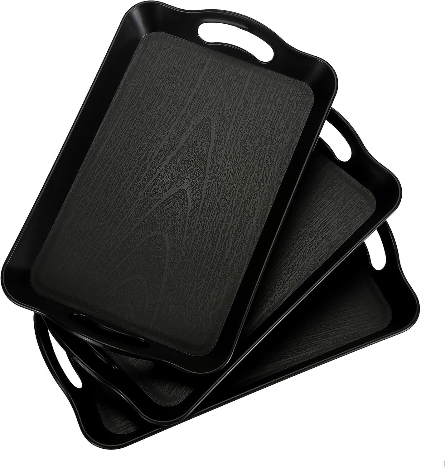 Cedilis 3 Pack Black Serving Trays with Handles,16 x 11IN Rectangular Non Skid Multi-Purpose Plastic OttomanTray for Restaurant, Parties, Coffee Table, Kitchen