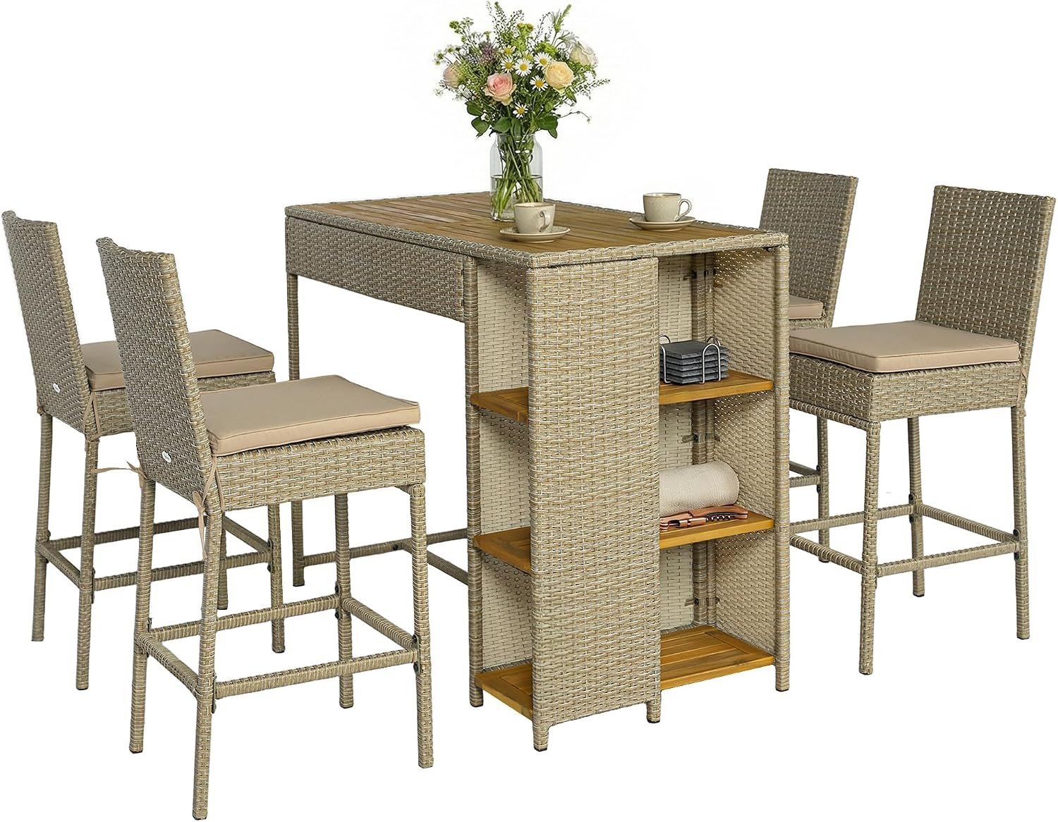 Outsunny 5 Piece Outdoor Bar Set Outdoor High Top Table and Chairs Brown | Wicker, Acacia Wood, 3 Tier Shelves, 4 Barstools, Cushions, Back, Footrest, Garden, Backyard