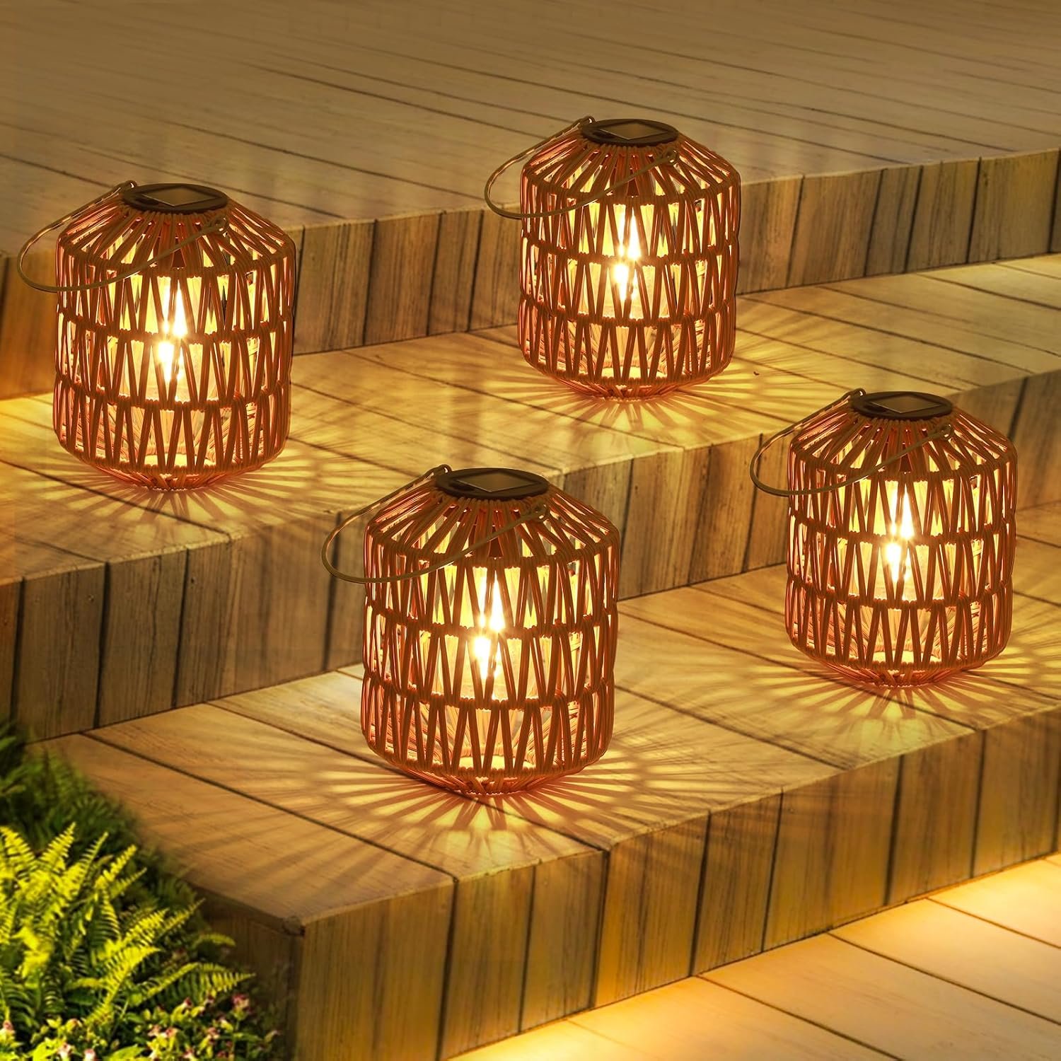 Eyassi Rattan Solar Lights, 4 Pack Solar Lanterns Outdoor Waterproof, Outdoor Lights for Yard, Hanging Lantern with Handle, Decorative Lanterns for Garden, Tabletop, Tree Lighting (Bulbs Included)