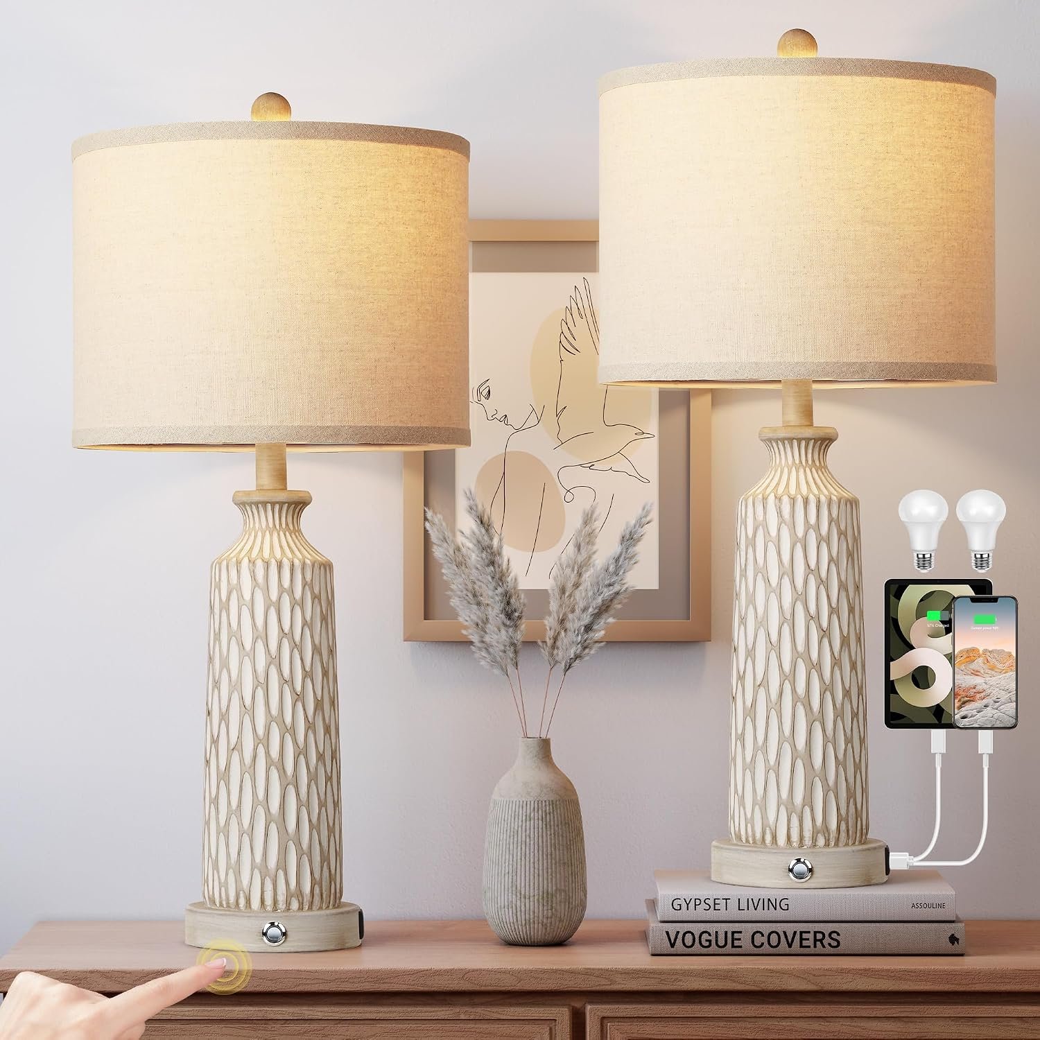 QiMH 26″ Lamps for Bedroom, Farmhouse Table Lamp Set of 2, Off-White | USB A+C Charging Ports, Touch Control 3-Way Dimmable, Modern Resin Bedside Lamps for Living Room, 2700K LED Bulbs Included