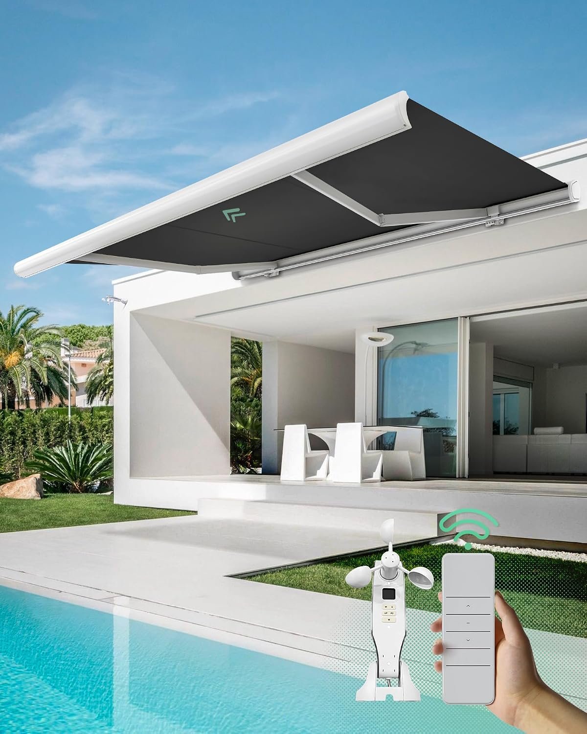 Yoolax 12’x8.2′ Solar Motorized Retractable Awnings for Patio, Electric Retractable Awning with Smart Wind Sense, Full Cassette Design, Waterproof Fabric for Outdoor (Black)
