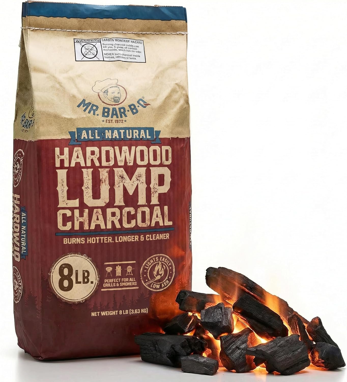 8 LB. All Natural Hardwood Lump Charcoal by Mr. Bar-B-Q – Premium Natural Charcoal for Grilling, BBQ, Smoking, Kamado & Kettle Grills – Burns Hotter & Longer – Smoky Flavor, Low Ash & Easy to Light