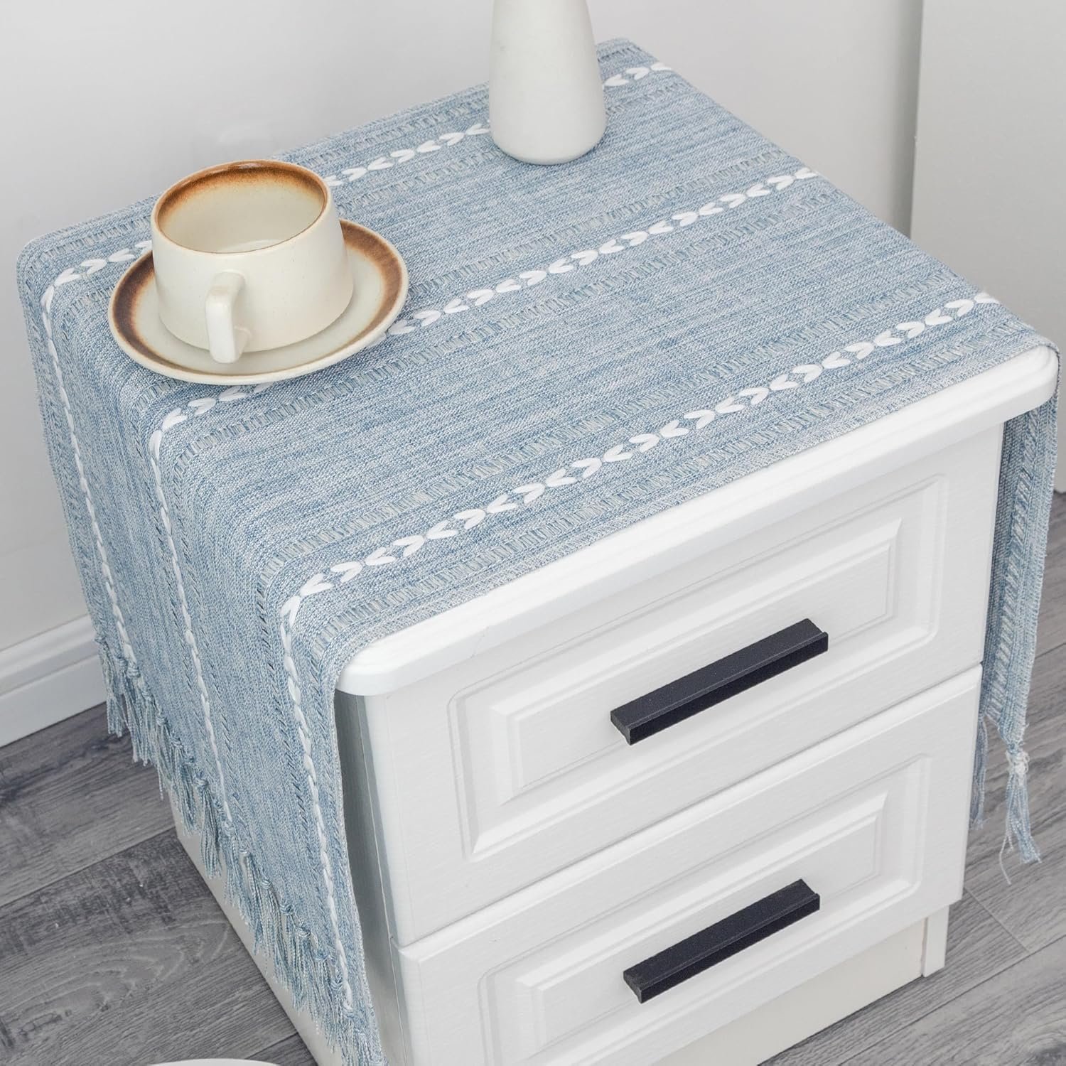 Farmhouse Rustic Blue Table Runner with Tassels 15 x 36 Inches | Boho Linen Style Braided Striped Table Runners 36 Inches Long for Holiday Party Wedding Dresser and Nightstand Decorations
