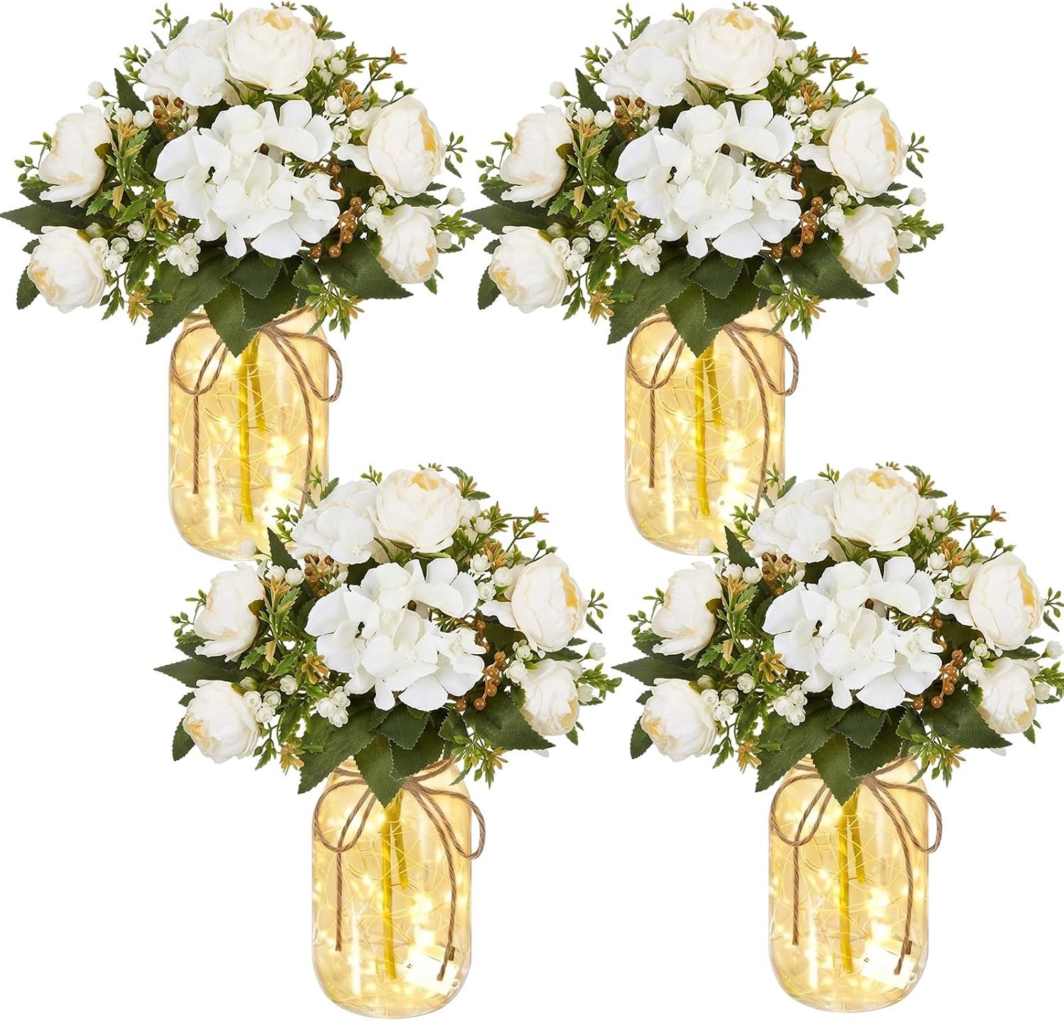 4 Sets Mason Jar with Lights White Faux Peony Decorative White Centerpieces for Tables Mason Jars Flowers Decorations LED Farmhouse Vase for Home Wedding Event Party Decor