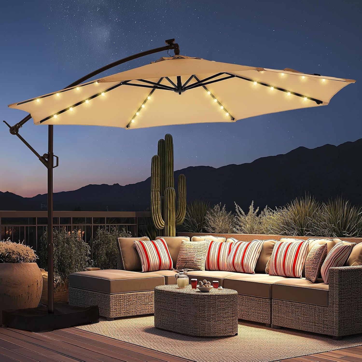 HOMSHADE 10ft Solar LED Cantilever Patio Umbrella with Base Included, Premium 220GSM Solution-Dyed Fabric, 5-Year Fade-Resistant, 30 MPH Windproof, 45° Infinite Tilt and Crank for Outdoor Pool (Beige)