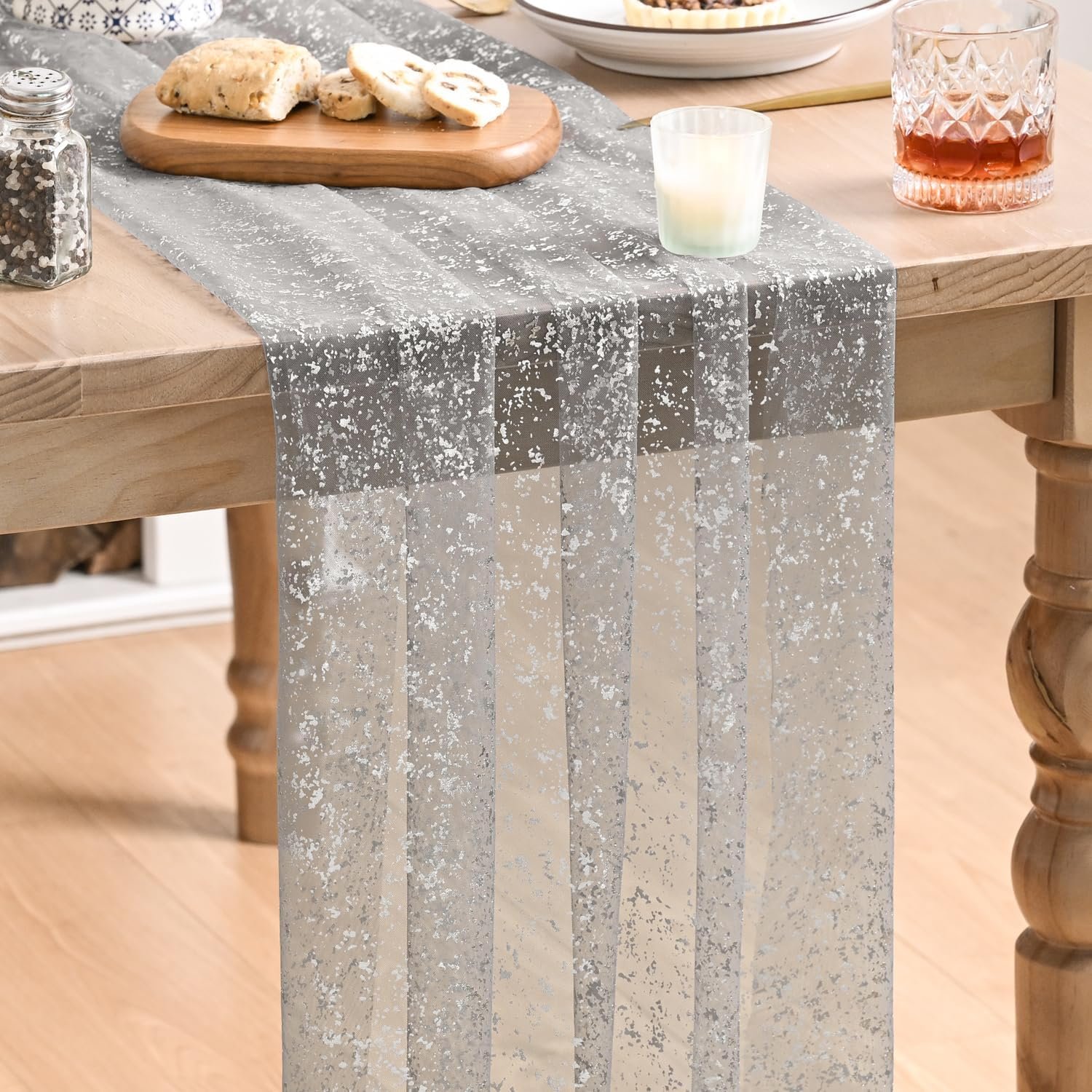 Artoid Mode Grey Gold Gauze Table Runner 120 Inch 10FT, Glitter Metallic Foil Sheer Dining Wedding Anniversary Holiday Birthday Table Decor for Home Party