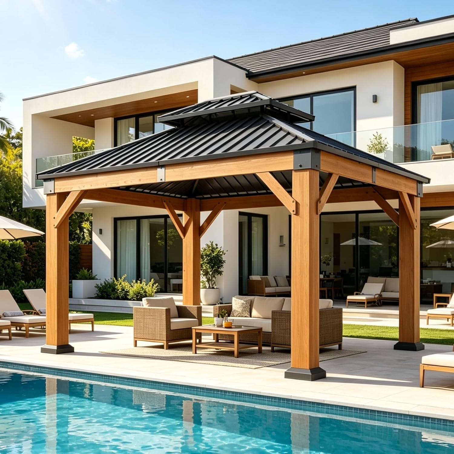 Aoxun 10′ x 12′ Outdoor Wood Gazebo, Hardtop Gazebo Permanent Wooden Pavilion with Galvanized Steel Double Roof, for Patio, Garden, Deck, Cedar Wood, Natural