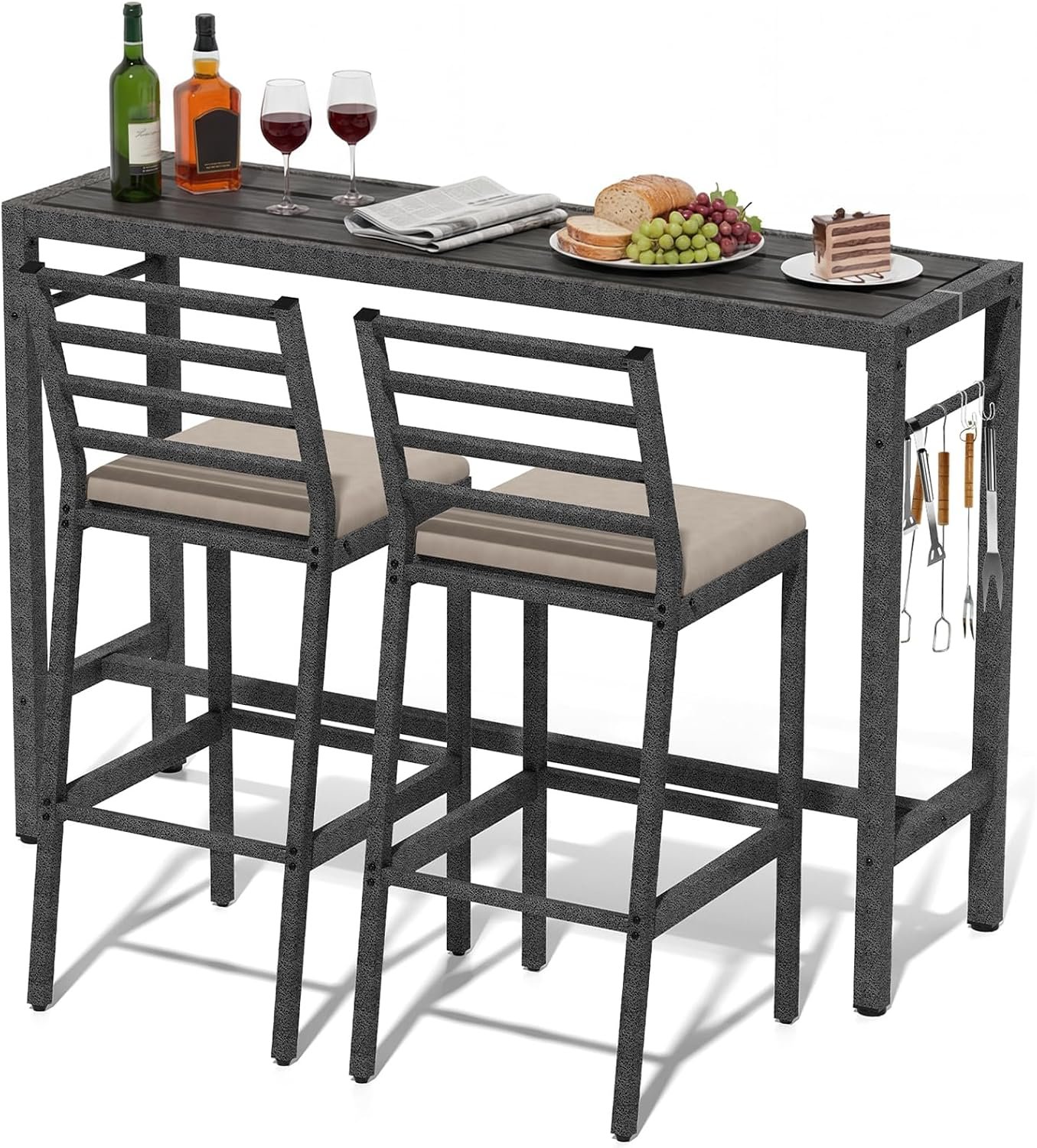 3Pcs Outdoor Patio Bar Set, 55″ Rectangular High Top Table & Chair Set | with 2 Cushioned Bar Stools & Cover,Metal Pub Height Bistro Table Set for Balcony, Backyard, Porch, Deck,Garden, Pool