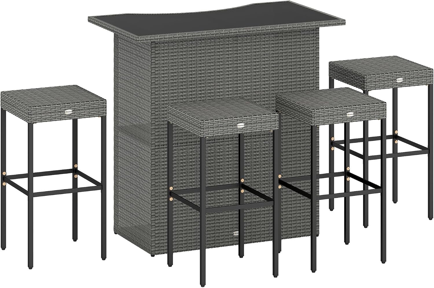 Outsunny 5 Piece Wicker Outdoor Bar Set with Glass Table Top Dark Gray | High Top Outdoor Table and Chairs, Height Patio Set, 2 Tier Storage Shelf, 4 Bar Stools, for Garden, Poolside