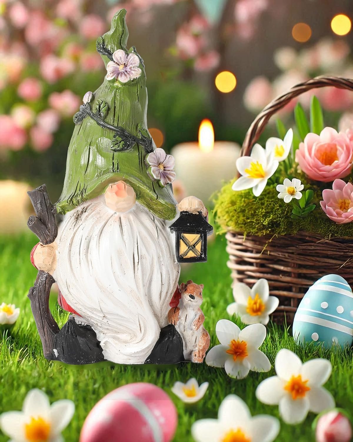 GoGnome Hand-Painted Resin Garden Gnome with Squirrel Figurine – 6.5″ Tall Summer and Spring Decorations for Home, Yard, and Garden – Unique Gnome Gifts for All Ages (Green)