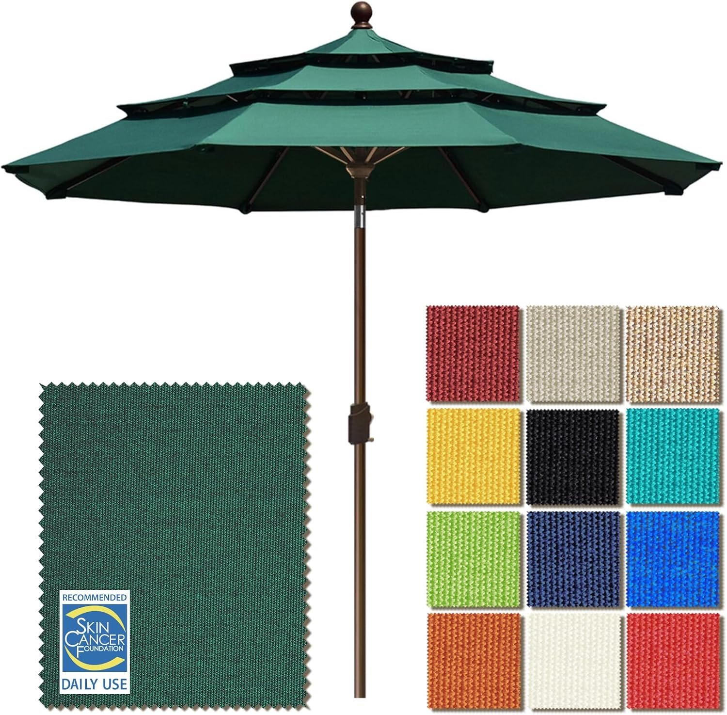 EliteShade USA 10-Year-Non-Fading 9ft 3-Tier Market Patio Umbrella, Commercial Grade Outdoor Table Umbrella with Crank Open, Windproof & UPF 50+ UV Protection, Heavy Duty Ventilation for Garden, Deck, Pool, Backyard, Beach & Bistro, Forest Green