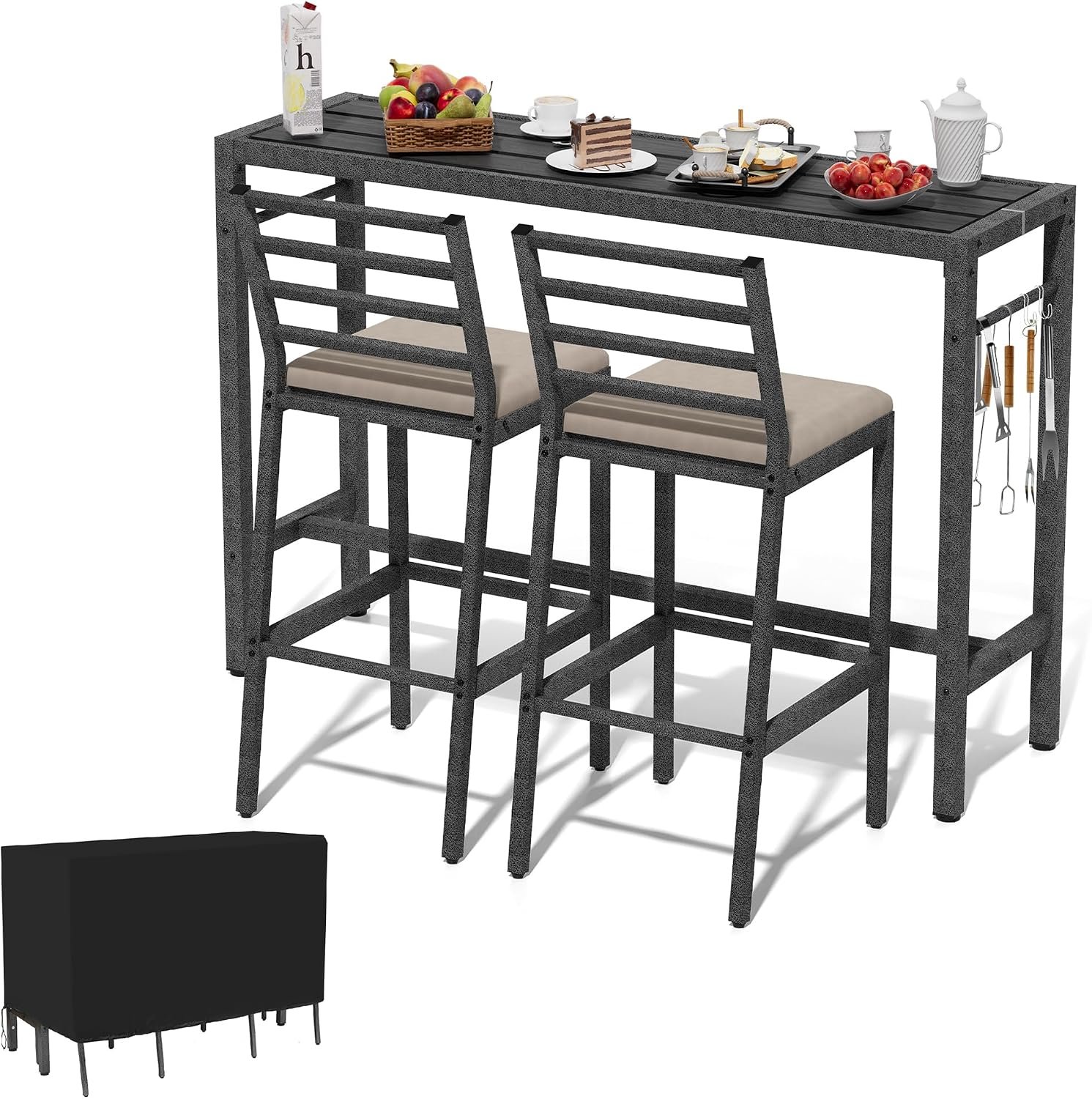 3Pcs Outdoor Patio Bar Set, 55″ Rectangular Pub Height High Top Bar Table with 2 Cushioned Bar Stools & Cover, Metal Bar Table and Chairs Set for Outside, Patio, Balcony, Backyard, Porch, Deck