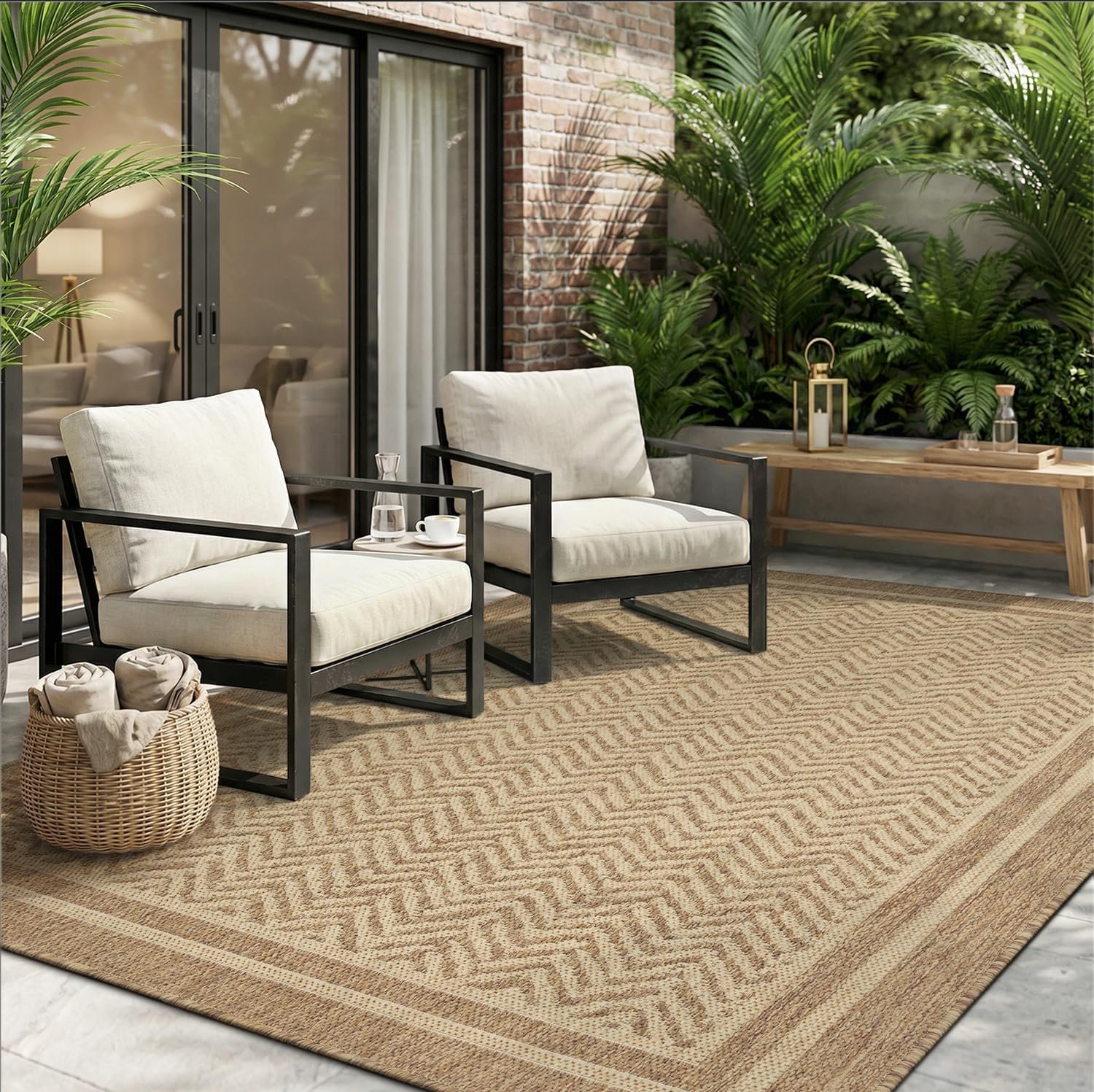 MontVoo-Outdoor Rug-Patio Rug 5×7 Polypropylene Indoor Outdoor Rugs Outdoor Carpet for Patio Deck Balcony Porch, Textured Weave, Durable for High Traffic, Fade-Resistant, Boho Farmhouse Neutral Brown