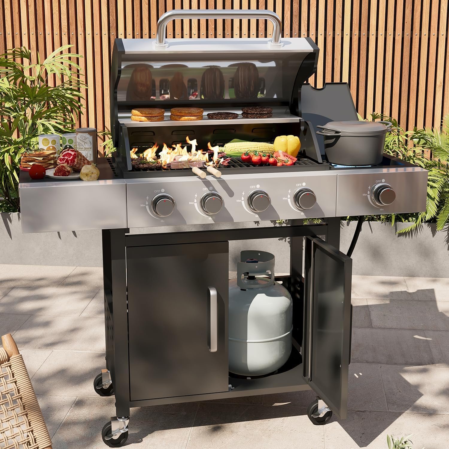 Aoxun 4-Burner 49000 BTU Propane Grill with Side Burner, Black | Stainless Steel Gas Grill, Outdoor Grills with Cast Iron Grates & Side Tables for Backyard, Patio, Camping