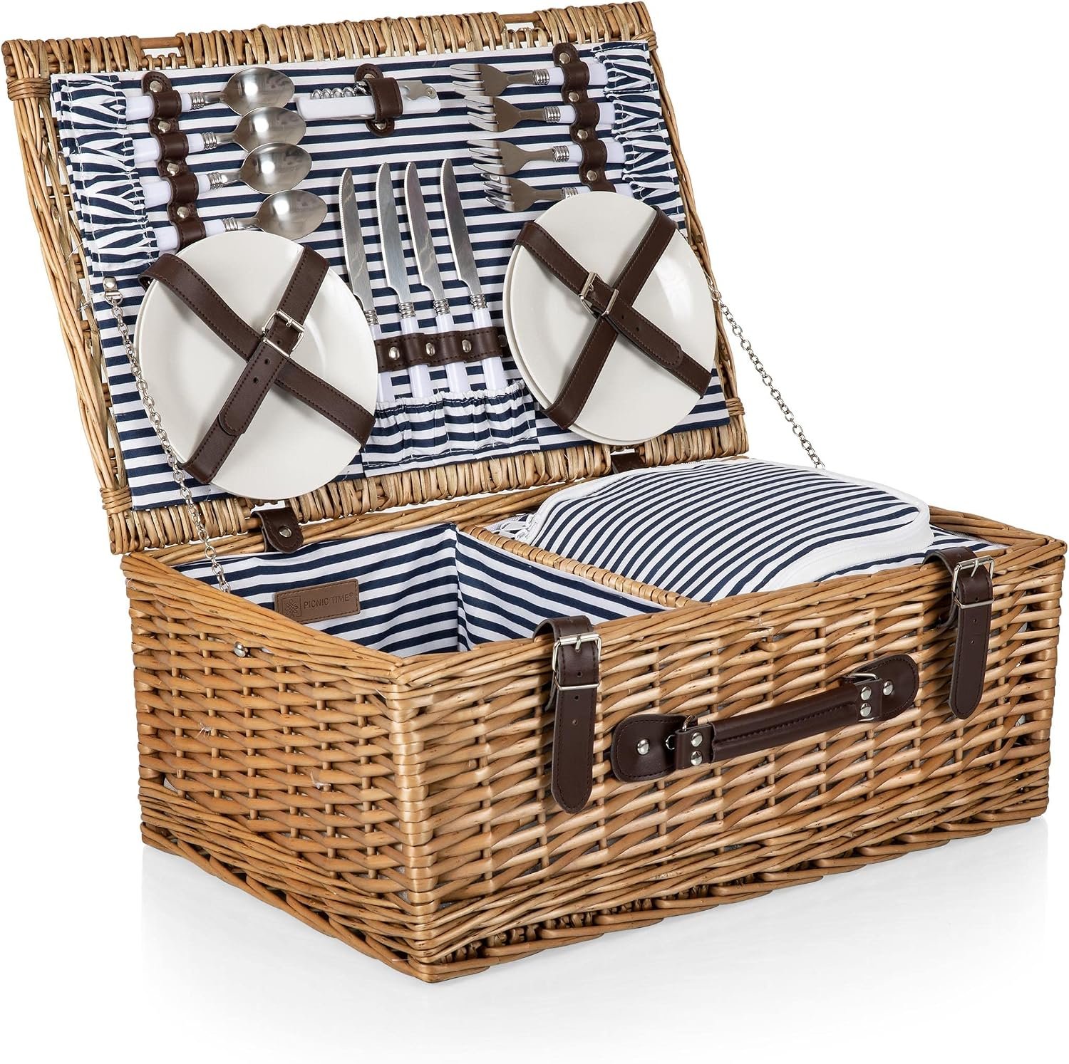 Picnic TME Belmont Picnic Basket for 4, Insulated Wicker Basket Set with Porcelain Plates, Stainless Steel Flatware, Wine Glasses, Cooler, Leatherette Straps, Gift (Navy Blue & White Stripe)