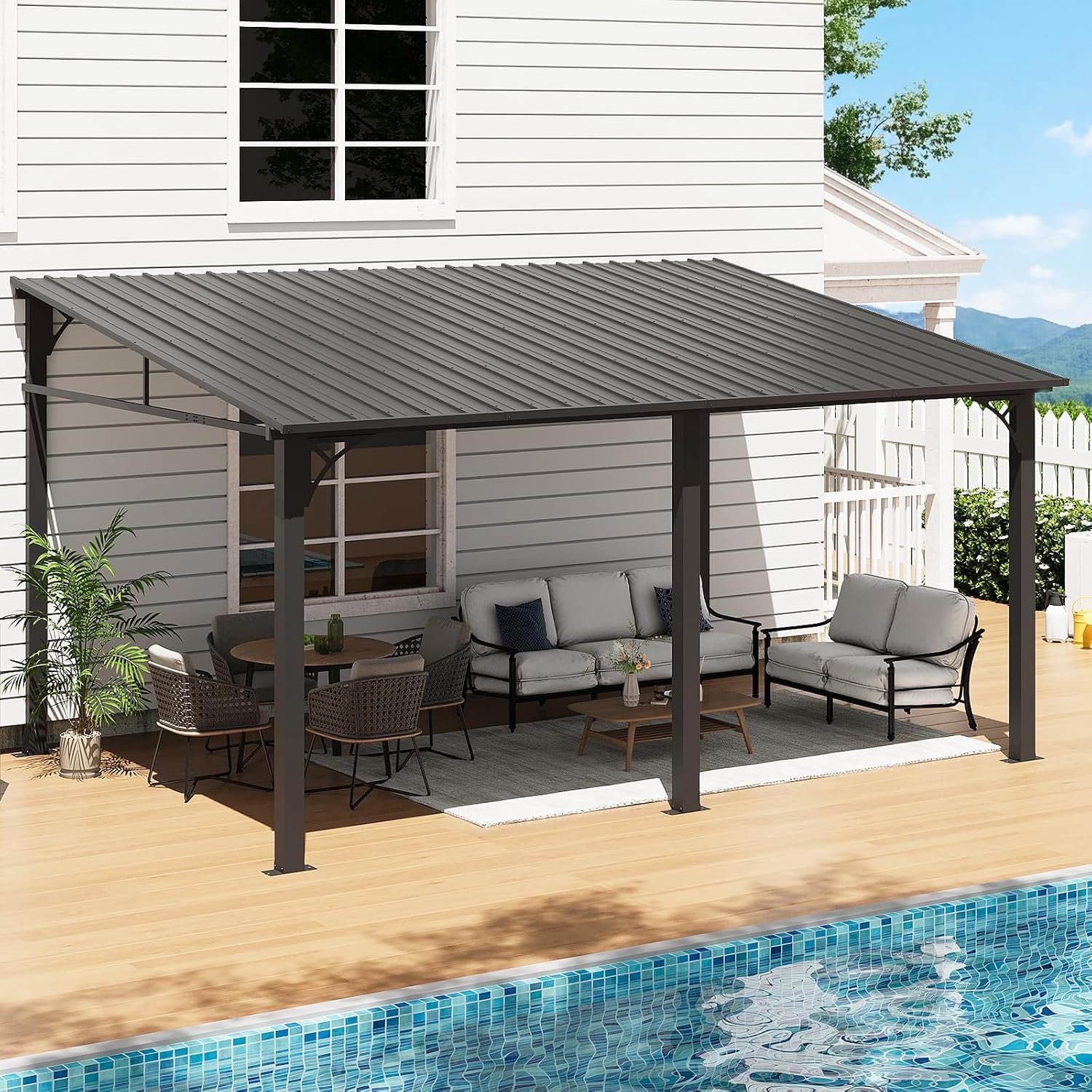 Aoxun 10′ x 14′ Lean to Gazebo, Upgraded Hardtop Outdoor Pergola with Sloping Galvanized Steel Roof, Large Wall-Mounted Heavy Duty Awnings for Patio, Backyard, Deck, Porch (Black)