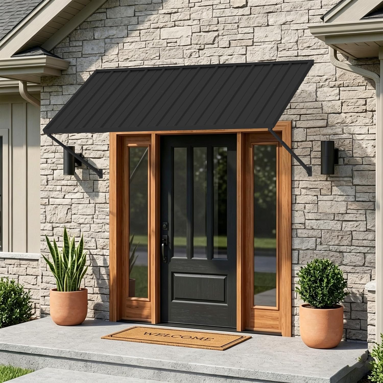Kozyard Adjustable Door Window Awning – 4-Level Tilt, 82″ W × 43 1/2″ Sloped Panel, Adjustable Projection 31″–42″, Aluminum Frame & Metal Canopy, All-Weather Rain, Snow & UV Protection Dark Gray
