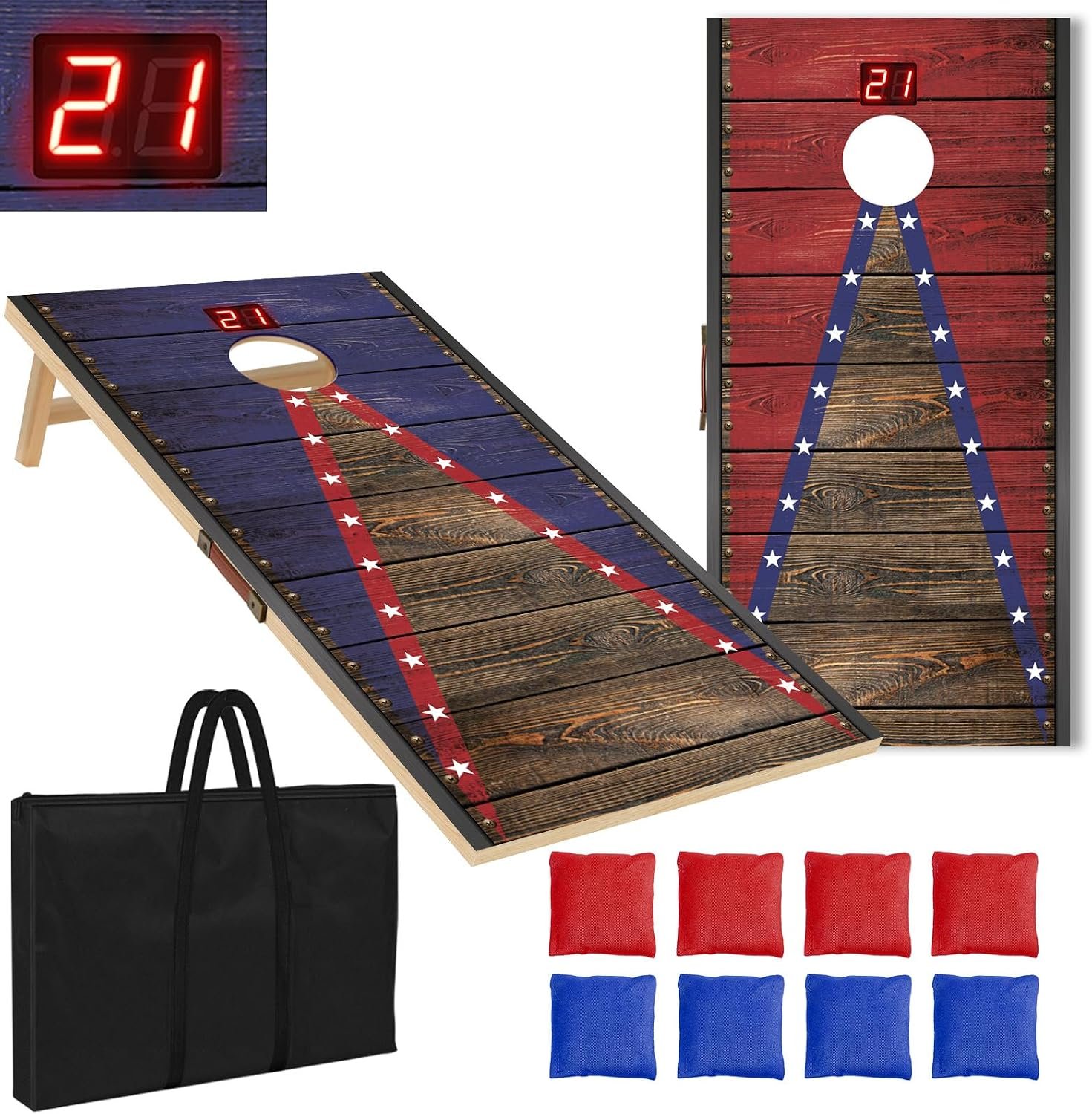 Electronic Cornhole Board Set 4x2ft 3x2ft 2x1ft, Automatic Scoring Corn Hole Games for Adults & Kids, Wooden Portable Cornhole Set with 8 Bean Bags & Carrying Bag for Outdoor, Tailgate, Party