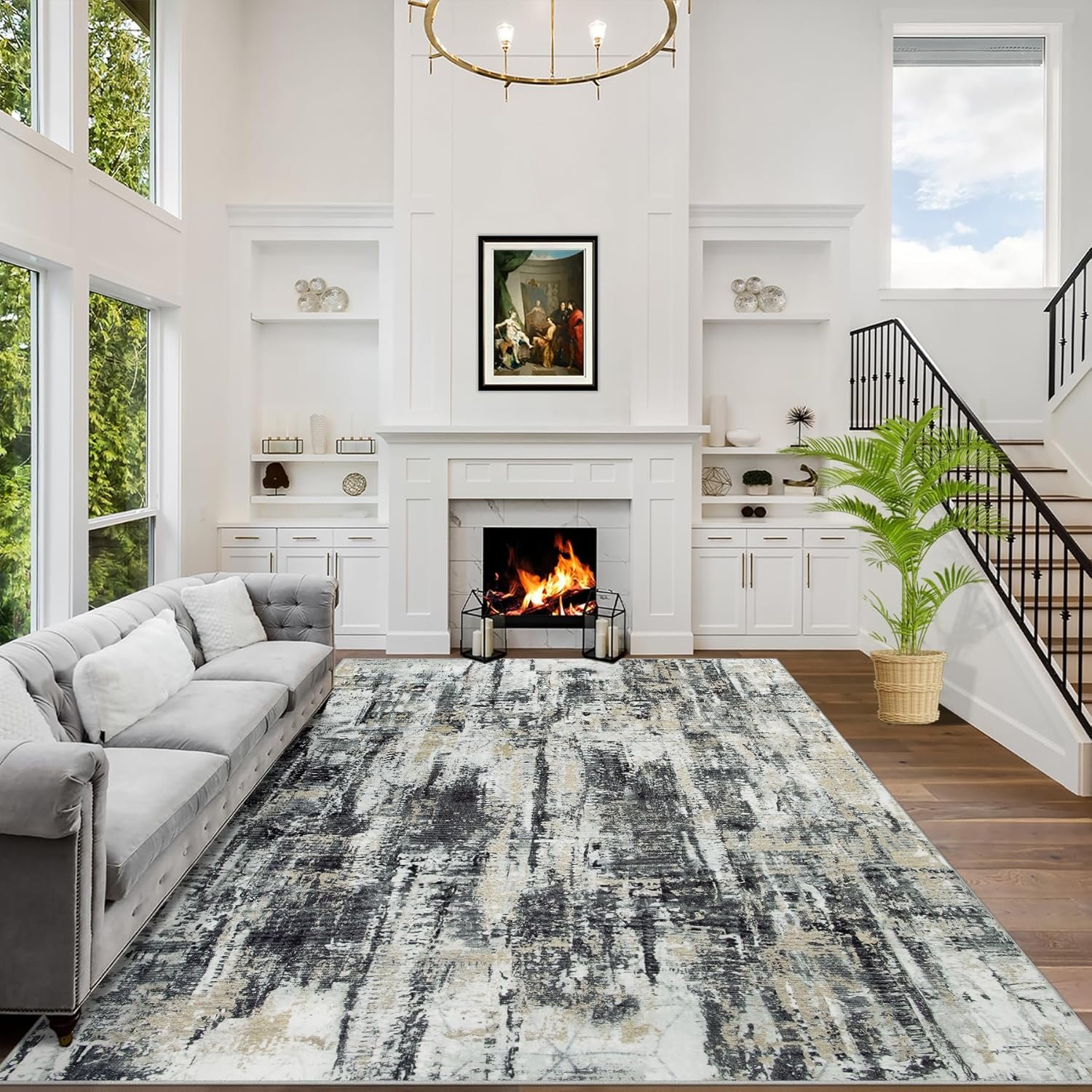 5×7 Area Rugs Washable Rug: Modern Abstract Living Room Rug Soft Anti-Skid Thin Carpet Indoor Floor Non-Shedding Carpets for Bedroom Dining Room Farmhouse Nursery Home Office Black Grey Gold