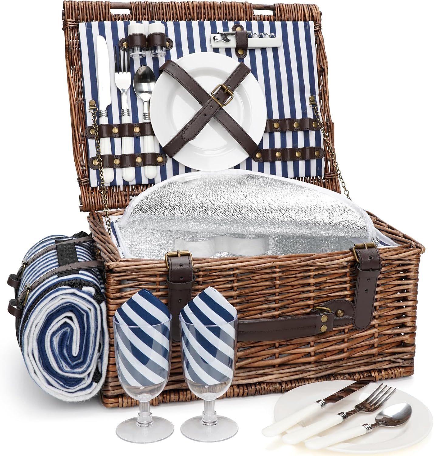 Picnic Basket for 2 Persons – Baskets with Cooler and Picnic Blanket, Classical Wicker Picnic Basket with Waterproof & Sand-Proof Beach Mat,Willow Hamper Service Set