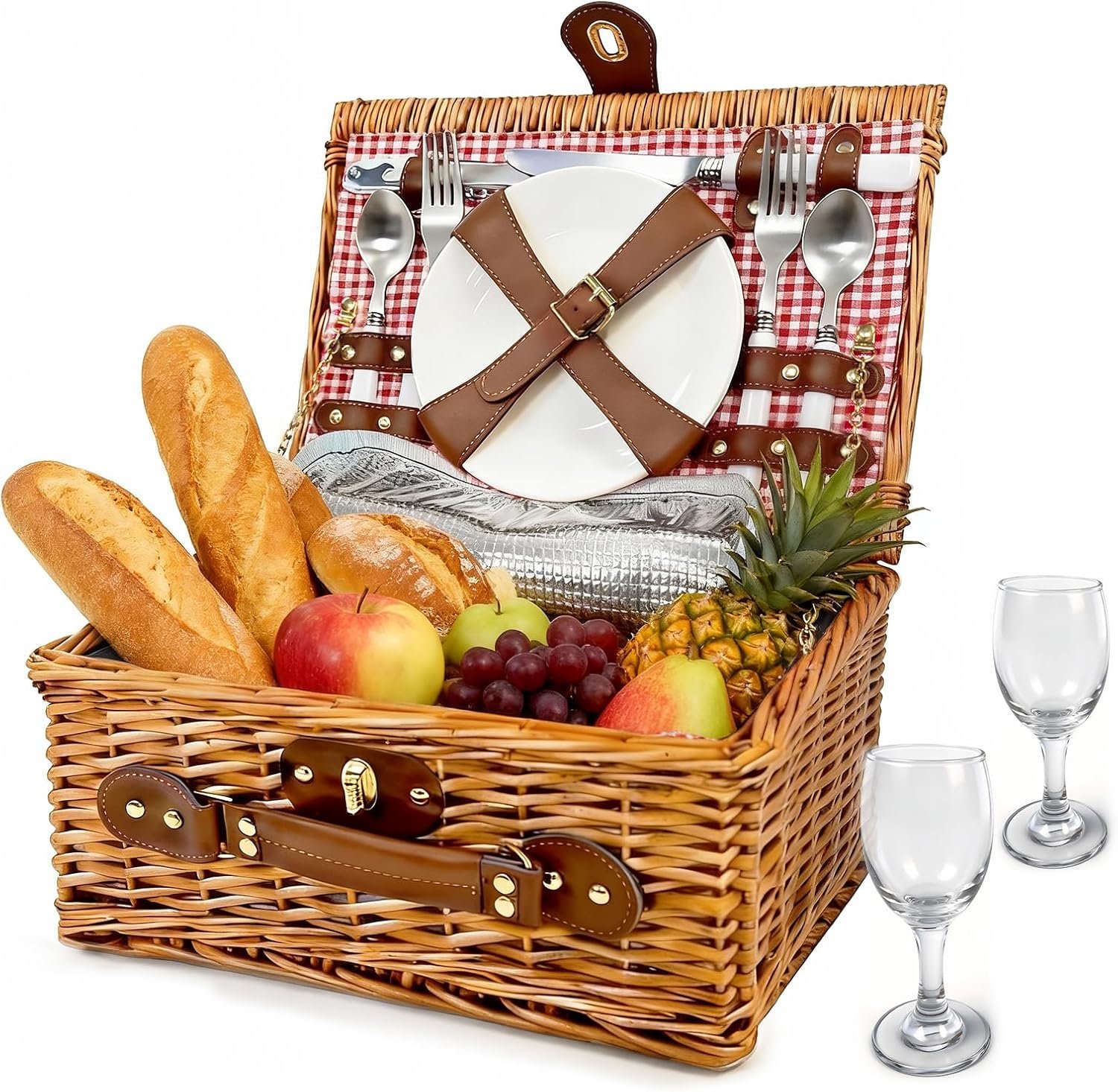 Picnic Basket for 2 with Insulated Cooler Compartment | Complete picnic set with plates, cutlery, wine glasses and insulated waterproof cooler for outdoor dining.