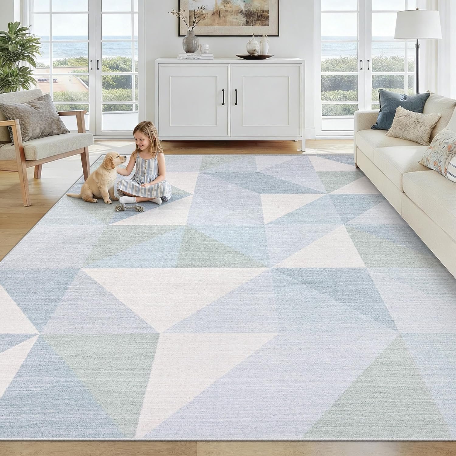 Washable Rug 6×9 Area Rugs: Modern Geometric Area Rug for Living Room Non-Slip Neutral Soft Carpet Low Pile Stain Resistant Indoor Rugs for Bedroom Nursery Dining Room Office (Light Blue, 6’X9′)