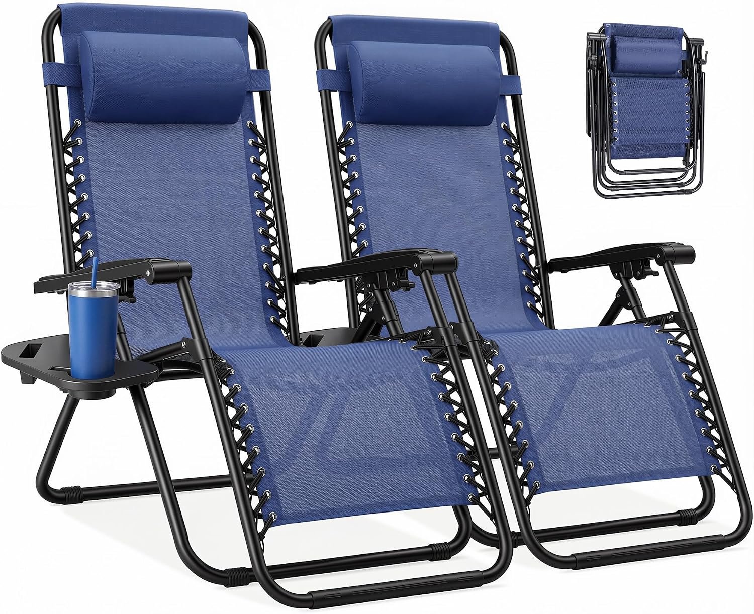 NEWBULIG Zero Gravity Chairs Set of 2, Lounge Chair Folding Portable Adjustable Camping Recliner with Adjustable Pollow, Mesh Back, Cup Holder Trays Lawn Patio Chair for Pool Beach | Portable Lawn Camping Recliner with Adjustable Pollow, Mesh Back, Cup Holder Trays for Pool Beach Patio