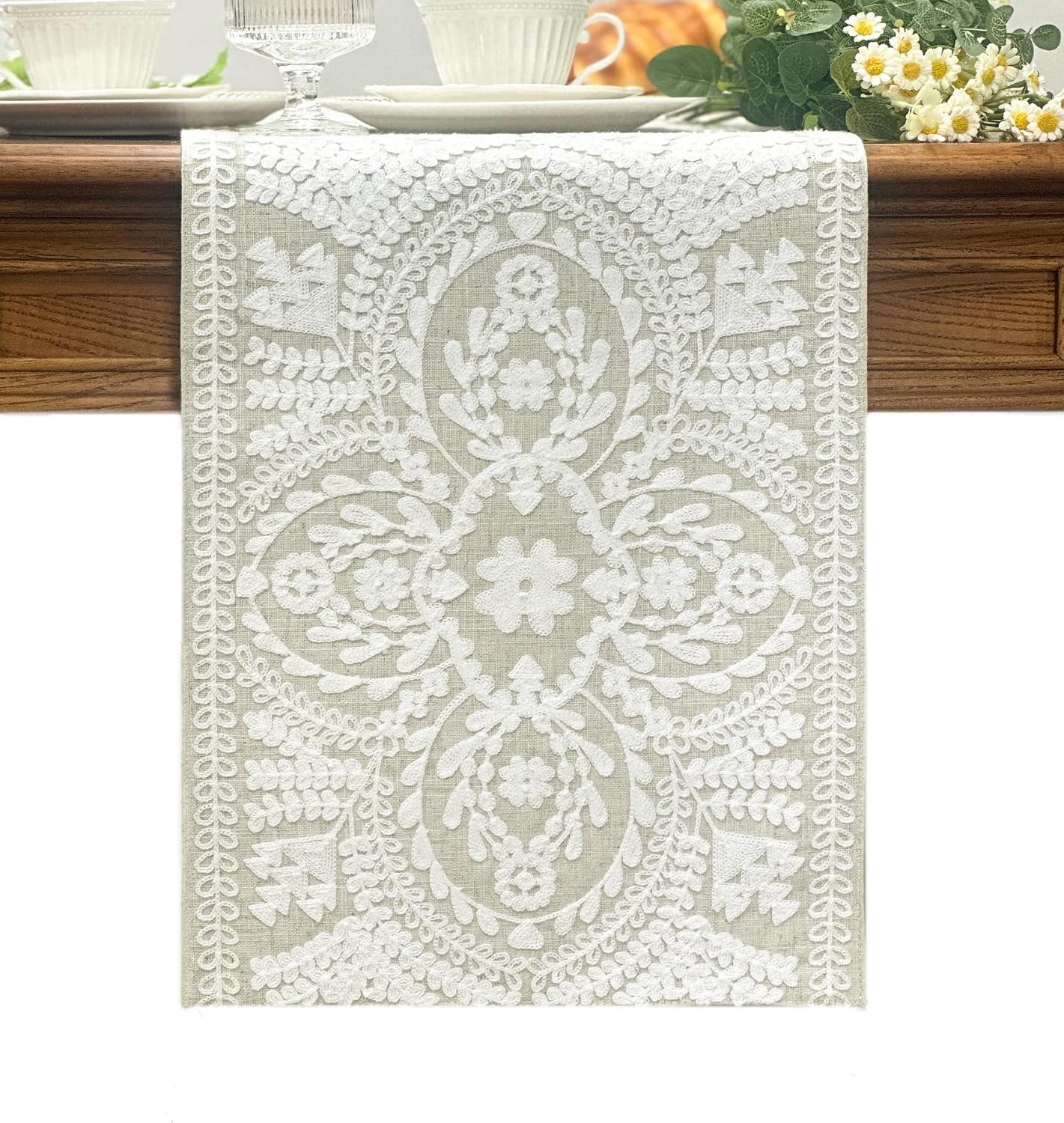 KEVA Boho Table Runner 72inches Long, Farmhouse Linen Table Runner, Rustic Vintage Natural Embroidered Table Runners 13×72 Inch for Dining Table Decorations