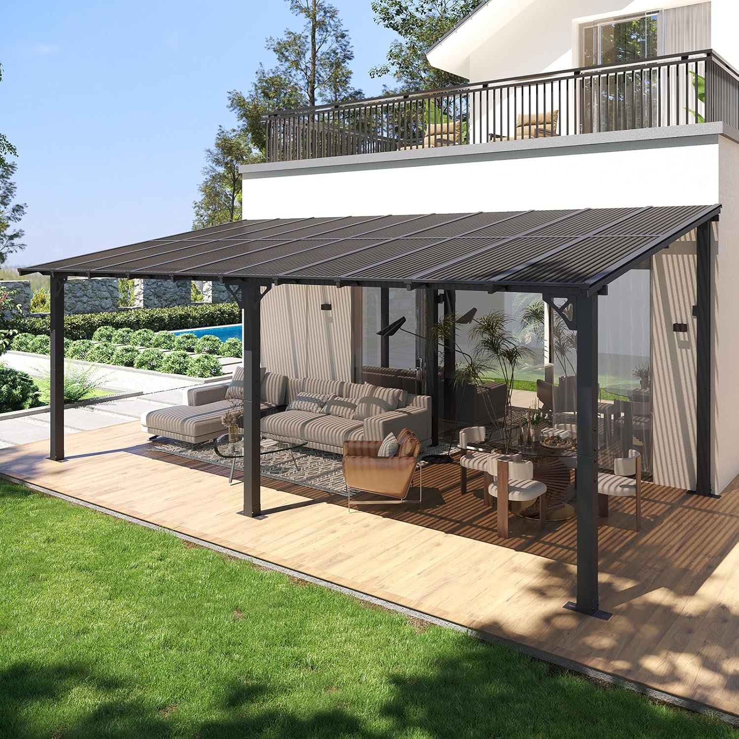 10′ x 20′ Lean to Gazebo Pergola, Hardtop Gazebo Metal Large Galvanized Steel Wall Mounted Pergolas on Clearance with Polycarbonate Roof, Awnings, Patio Canopy for Backyard, Deck, Porch