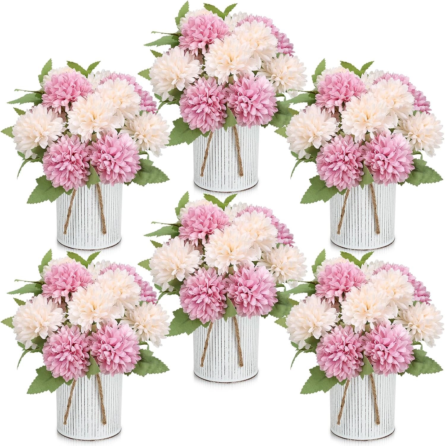 Pre-Made Flower Table Centerpieces, Set of 6 Artificial Silk Chrysanthemum with Farmhouse Metal Vases for Wedding, Birthday Parties, Home, Dining Table Decorations – Dusty Pink & Champagne