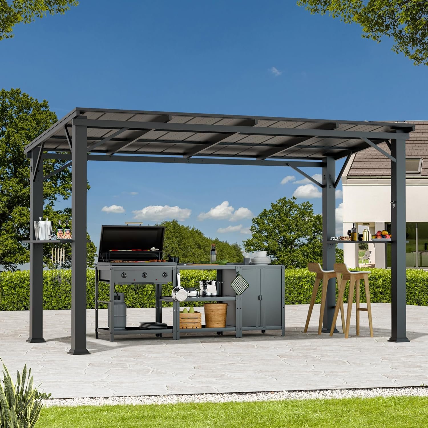 Covered Outdoor Grill Gazebo 6’x12’with Side Shelf, Outdoor Hardtop Gazebo with Bottle Opener & Hooks, Grill Canopy with Sturdy Rustproof Design for Backyard, Garden, Patio,Black