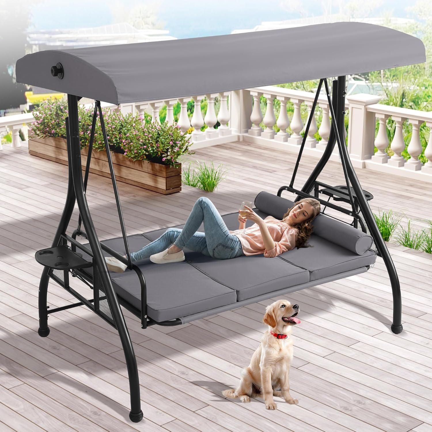 Grepatio Outdoor Porch Swing with Canopy and Stand, 3 Person Patio Swing for Adults, Convertible 2 in 1 Porch Bed Swing with Cup Holder, 3 Seat Swings with 2 Pillow Cushions for Garden, Yard (Grey)