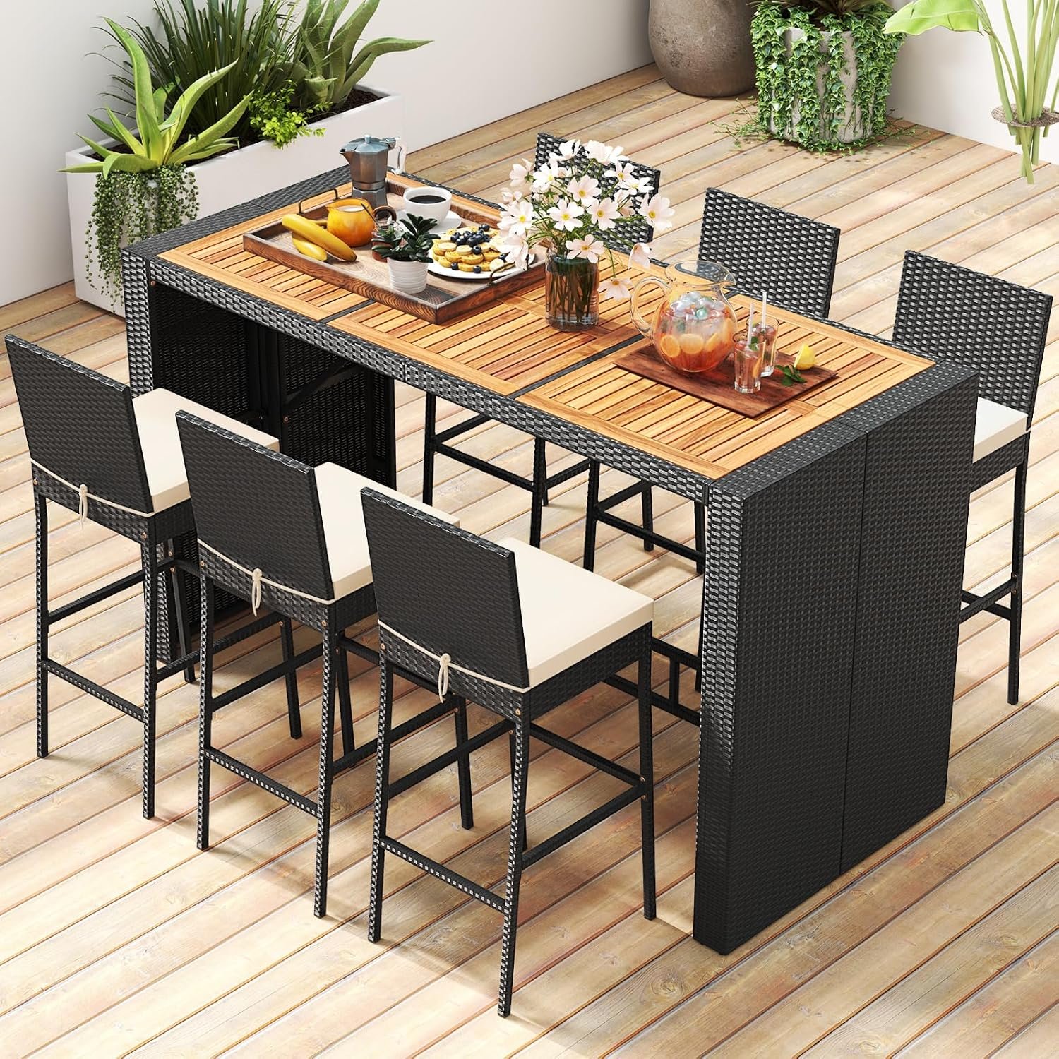 7 Piece Patio Wicker Bar Set, Rattan Bar Stools Set for Bistro with Acacia Wood Tabletop & Seat Cushions, Outdoor High Top Table and Chairs for Backyard Garden Porch Poolside (73 Inch)