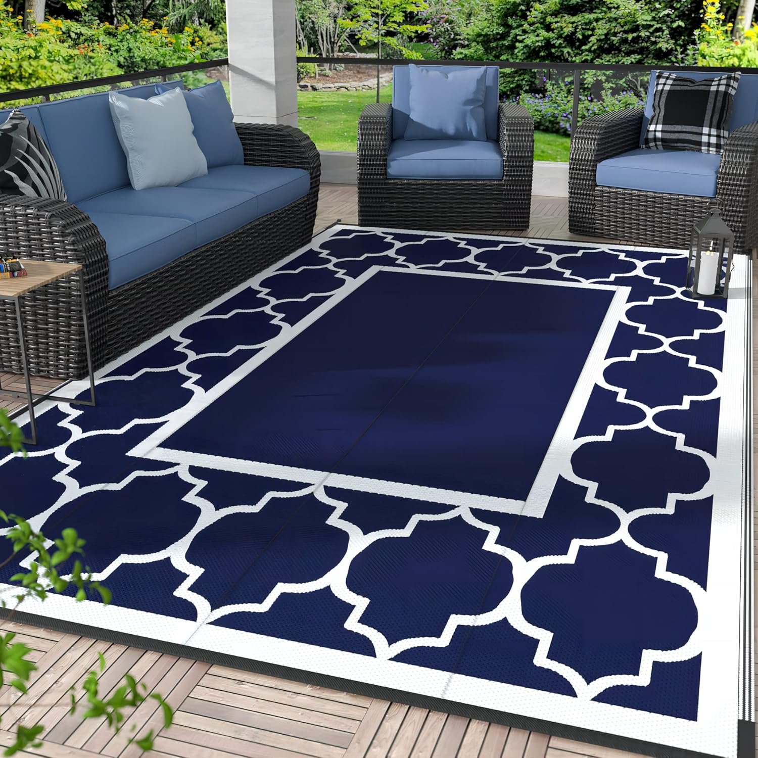 GENIMO Outdoor Rug, Waterproof Plastic Rugs for Patio, 5’x8′ Blue White | Outside Larger Modern Carpet Mat for Porch Decor, Deck, Balcony, Camping, RV, Backyard, Picnic, Beach, Reversible, Foldable